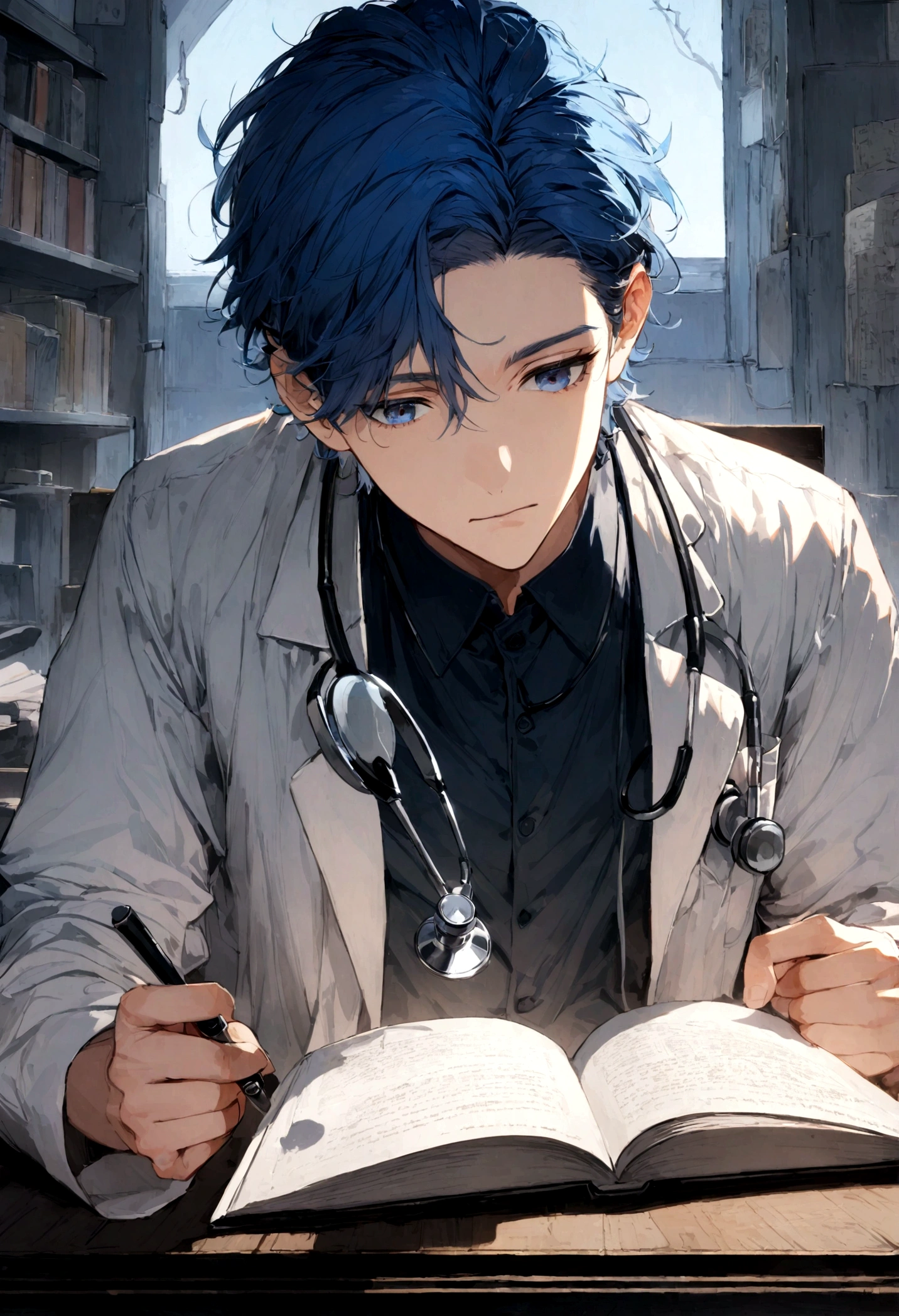 25 year old male, short blue hair, dark blue eyes, wearing doctor's clothes, wearing stethoscope, reading book, cool