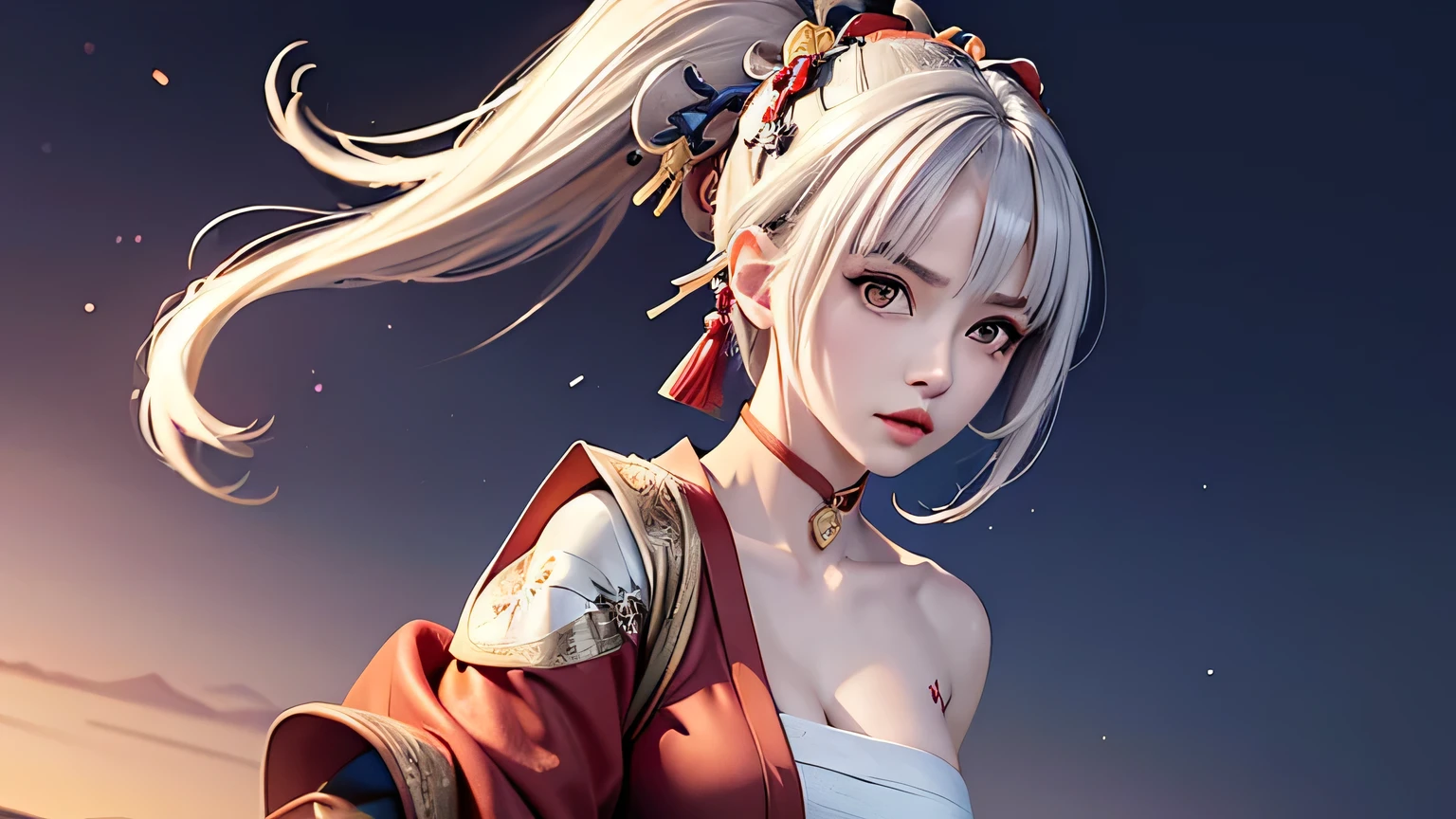 (masterpiece, best quality, Hook of Holland)(1 Girl, Solitary)(white hair, Red Eyes)(More,Japanese clothes,Off-shoulder,one shoulder、Wear a kimono:1.4、One shoulder is bare)(Serious expression, Woman with a sword:1.3、Flowing hair)(In front of the Samurai Residence、Mysterious Night、Light particles floating around woman、Fantasy Space)