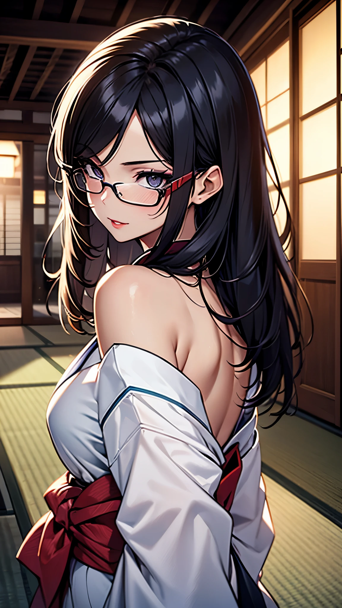 (1girl:1.3), Masterpiece, Best quality, amazing beauty, [[3D]], 4K, absurdres, finely detail, super detailed eye, perfect anatomy, official art, cinematic lighting, BREAK, ryokan, tatami, silky long hair, s black hair, super shiny detailed black eyes, big eyes, tareme, cute eyes, thin eyebrow, Staring, close-mouth, thin lips, smirk, mascara, rouge, Eyeliner, red lips, eyewear, blush, BREAK, tall, slender, tanlines, She turns around and shows her back, bare shoulders, BREAK ,(white kimono:1.2), 35mm lens f/1