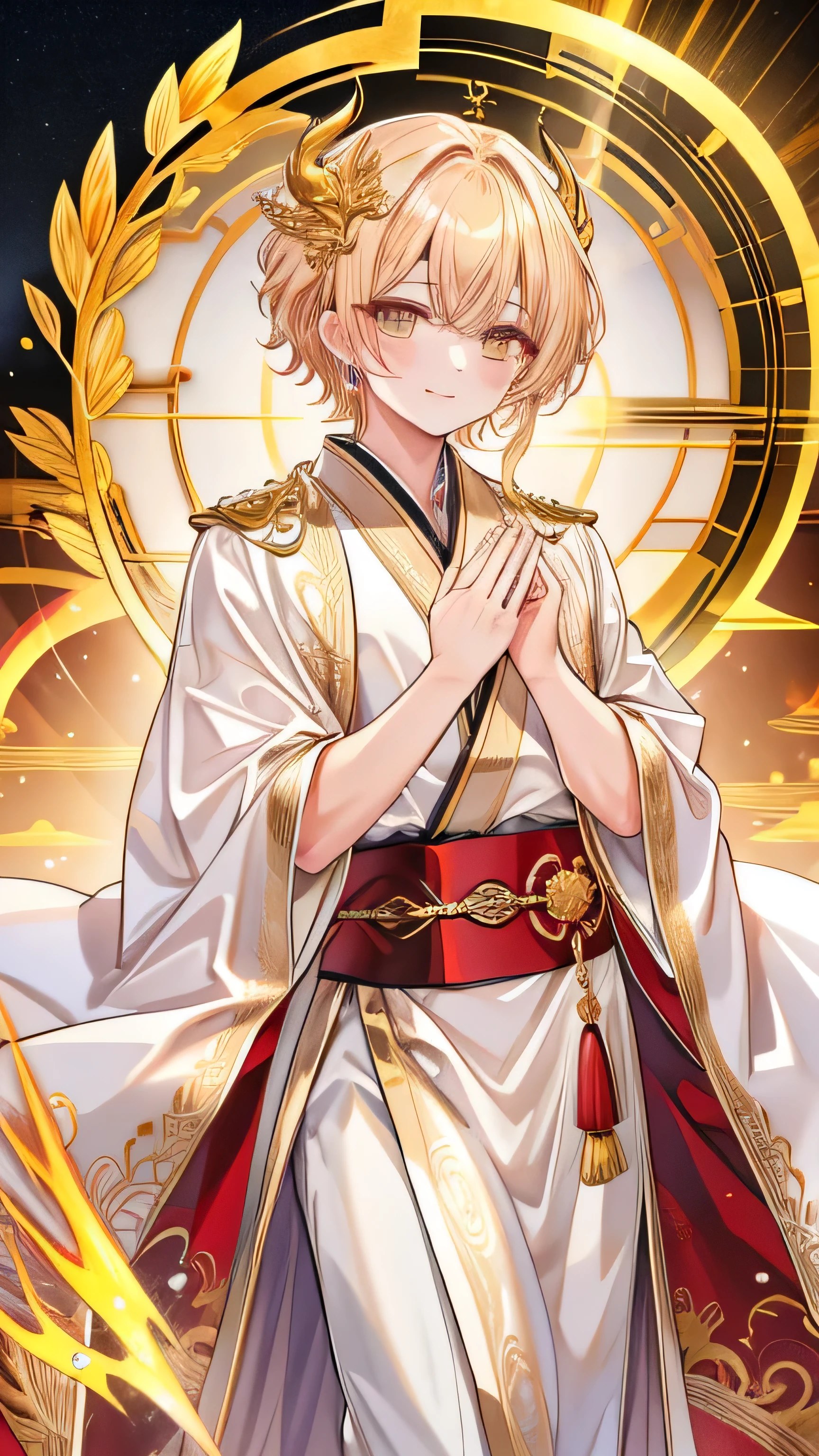 Gold Hair、Golden dragon horn、Golden Eyes、gem pupil,dragon pupils、Handsome robe、Elegant smile、Gentleman's demeanor