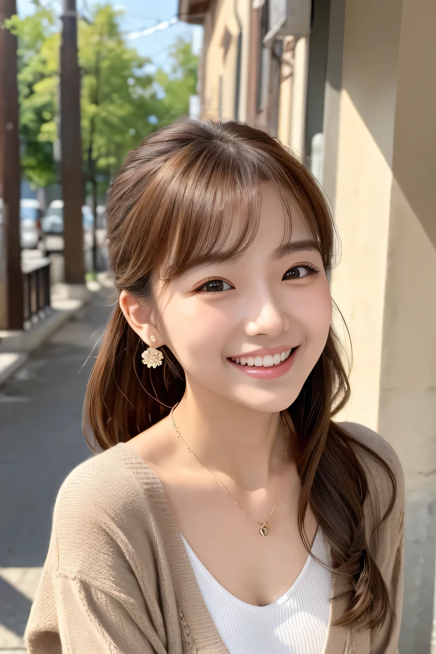 Young woman、 Korean women、Light brown hair、Hairstyle Ponytail、ear piercing、Necklace around the neck、blouse、smile、Laughing with your mouth open、Beautiful teeth alignment、Intricate details, Very detailed:1.2), 、 Looking into the camera,The background is the town、Cardigan draped over shoulders