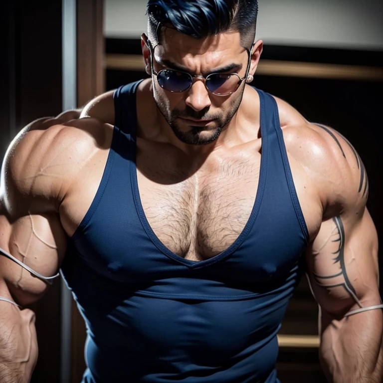 a very handsome, robust, serious man, with dark blue hair, with a Mid fade haircut, massively muscular, with massively large muscles, with a defined and muscular body, wearing a blue tank top, seen very close up