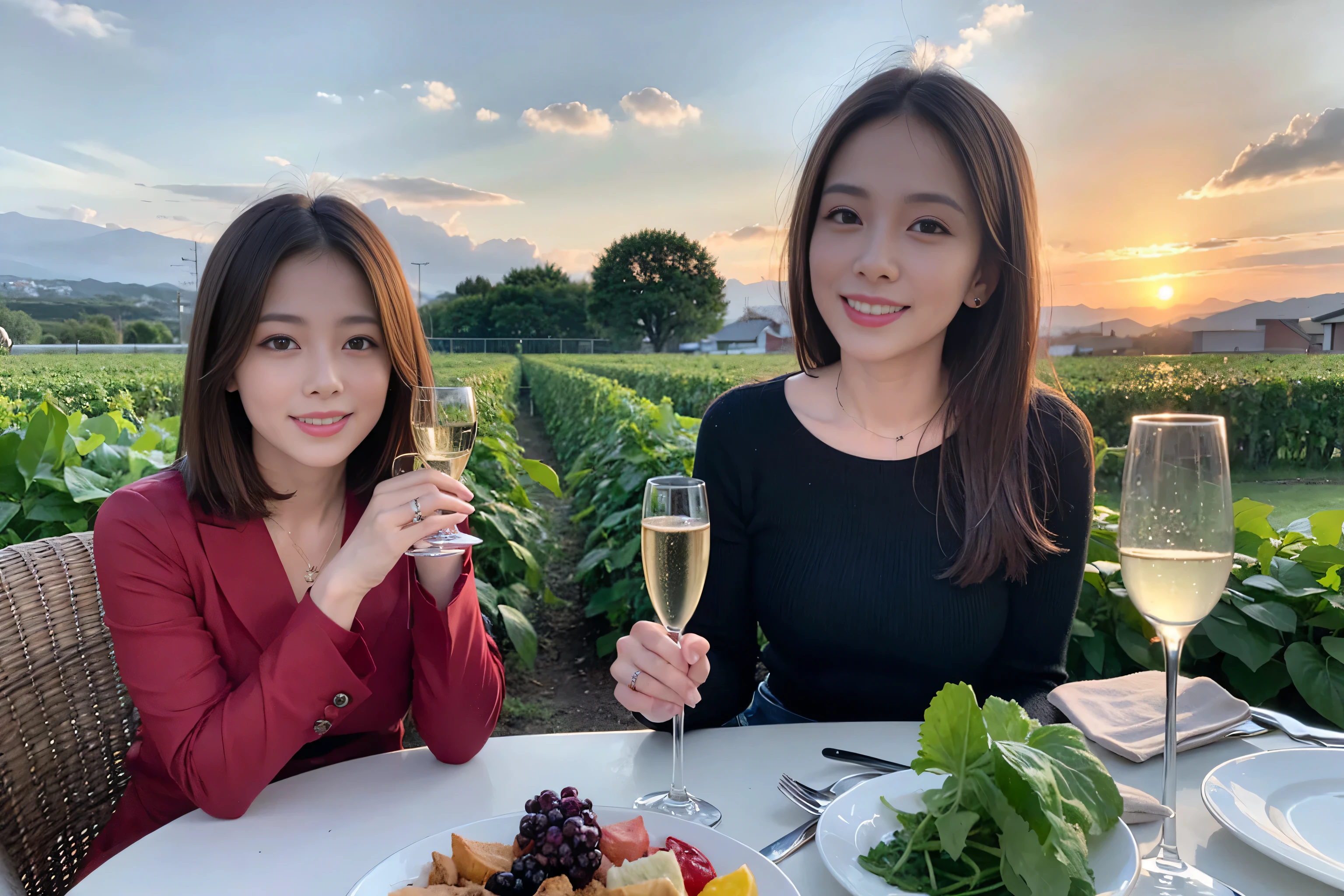 ((highest quality、8k、masterpiece:1.3))、A lover who resembles Satomi Ishihara、Beautiful couple、smile、full-course dinner、 (Slim face), (the body is スリム), (Brown Hair), (Short Hair), Wine glasses on the table、Amazing view of the sunset sky and clouds、 (Age 44), 39 years old, Wine bottle、Champagne、sparkling wine、Long sleeve dress、White wine, red wine, 