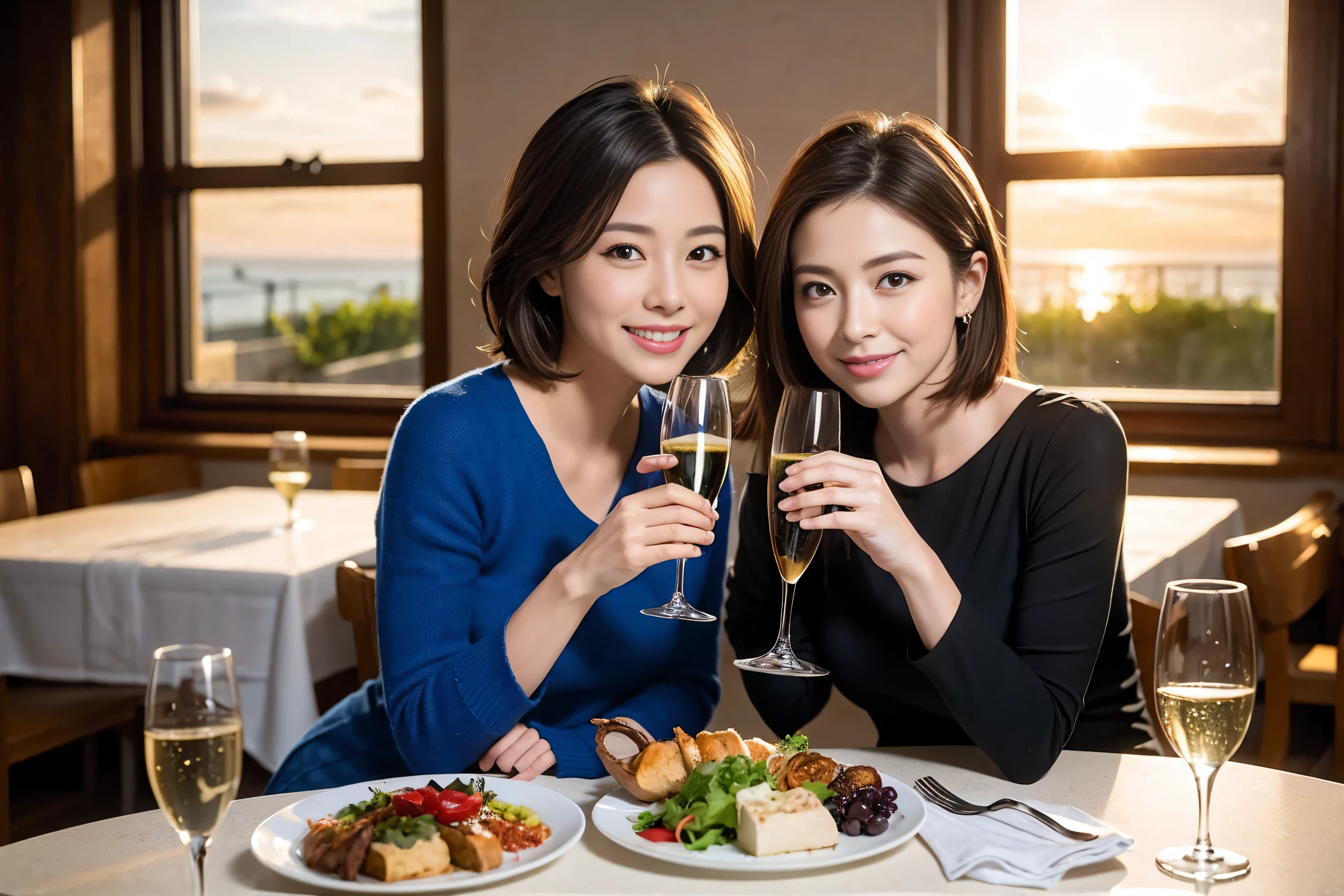 ((highest quality、8k、masterpiece:1.3))、A lover who resembles Satomi Ishihara、Beautiful couple、smile、full-course dinner、 (Slim face), (the body is スリム), (Brown Hair), (Short Hair), Wine glasses on the table、Amazing view of the sunset sky and clouds、 (Age 44), 39 years old, Wine bottle、Champagne、sparkling wine、Long sleeve dress、White wine, red wine,