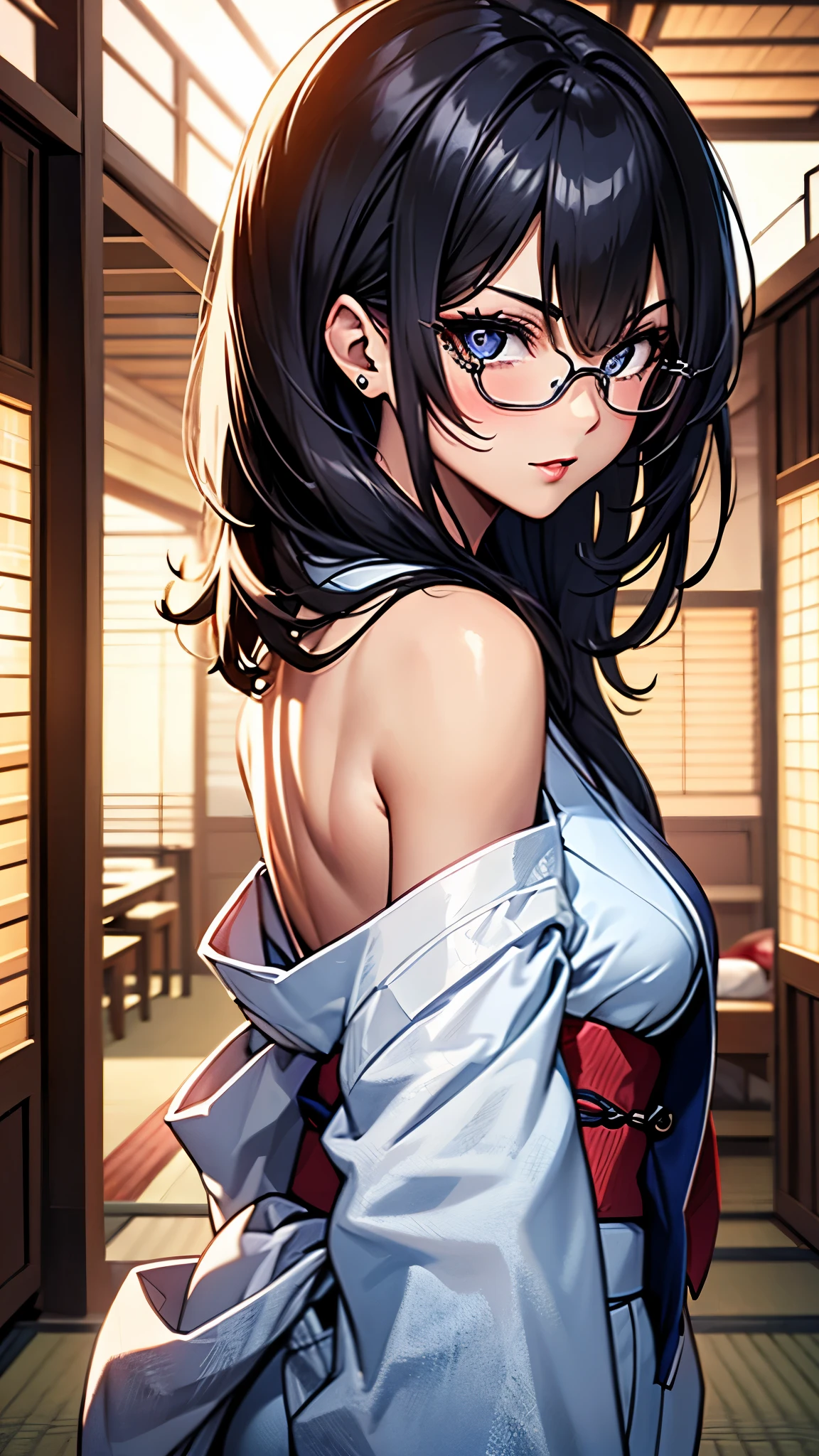 (1girl:1.3), Masterpiece, Best quality, amazing beauty, [[3D]], 4K, absurdres, finely detail, super detailed eye, perfect anatomy, official art, cinematic lighting, BREAK, ryokan, tatami, silky long hair, s black hair, super shiny detailed black eyes, big eyes, tareme, cute eyes, thin eyebrow, Staring, close-mouth, thin lips, smirk, mascara, rouge, Eyeliner, red lips, eyewear, blush, BREAK, tall, slender, tanlines, She turns around and shows her back, bare shoulders, BREAK ,(white kimono:1.2), 35mm lens f/1