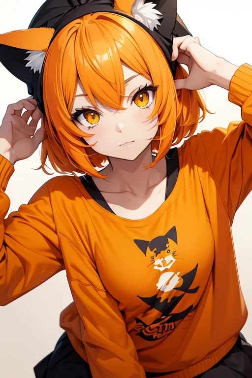 anime girl with cat ears, short orange hair, andreen cat eyes. anime cat girl with yellow skin and orange cat stripes wearing causal clothes cupe on her head