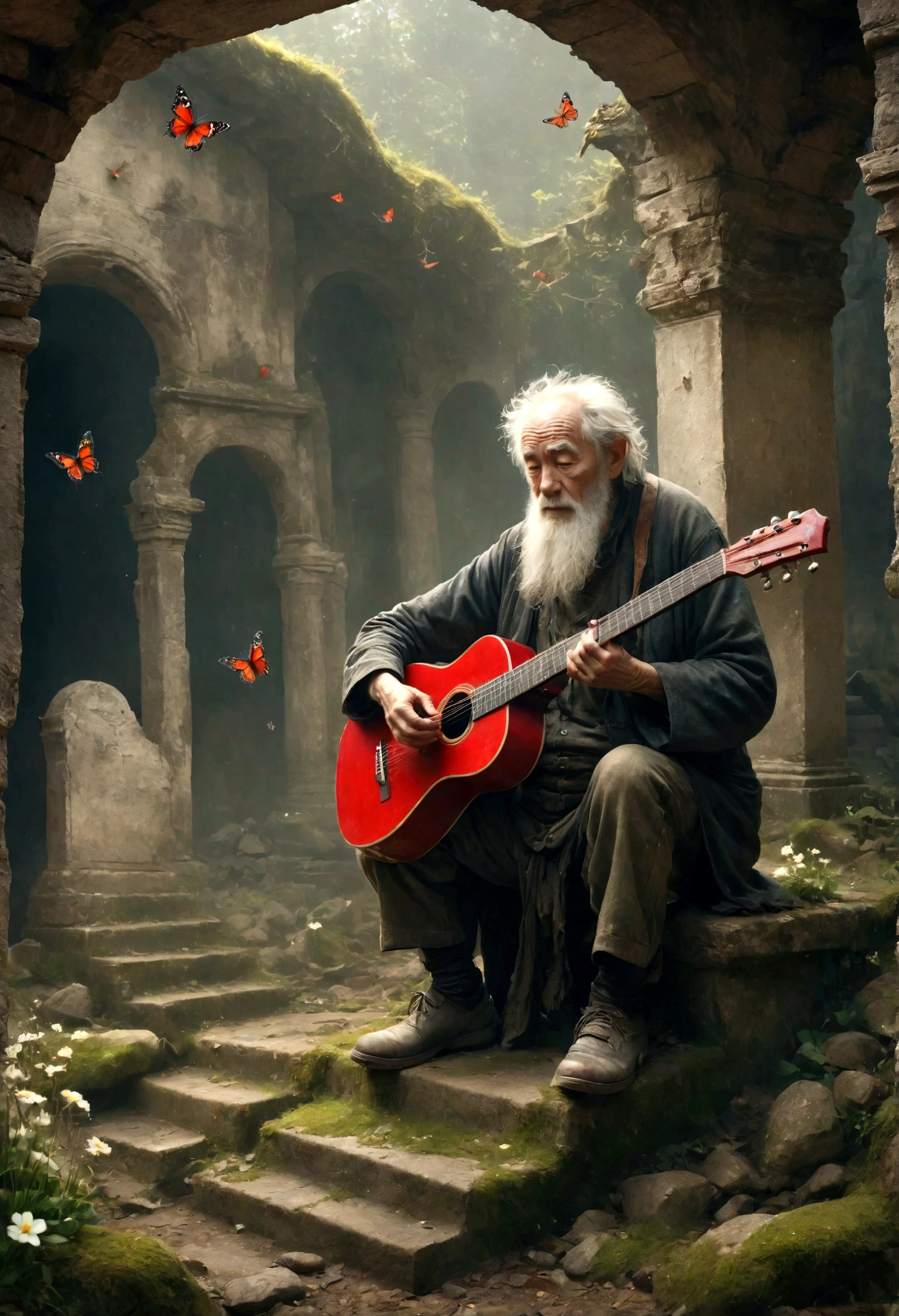 Wandering old man playing guitar, depressed, desolate, moss covered, Dilapidated, dirty, (best quality,4k,8K,High resolution,masterpiece:1.2),Extremely detailed,(Practical,photoPractical,photo-Practical:1.37),Dark Fantasy,severe,Mood lighting,Dramatic shadows,Movie,moody color palette,Soft Tones,Rubbish,rot,weathered,tattered,Small white flowers,Chinese tombs,Dungeons,cemetery,Black and Red,There is a broken bowl in front.,Footprinting,stairs,vine,rainwater,Swarms of glowing butterflies,A group of transparent wandering souls, Ghost