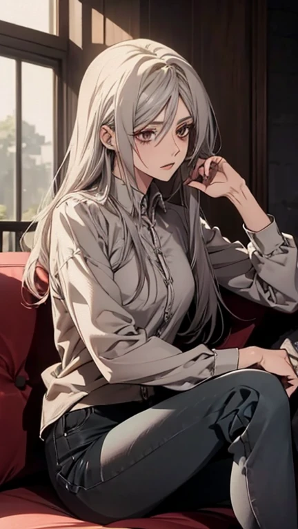 (Confused, High resolution, Very detailed), 1 female, Silver Hair,Long Hair,Reddish brown eyes,shirt,skinny pants,24th generation,beauty,mature,thin,quiet,Calm,talk,Sitting on the sofa,Book