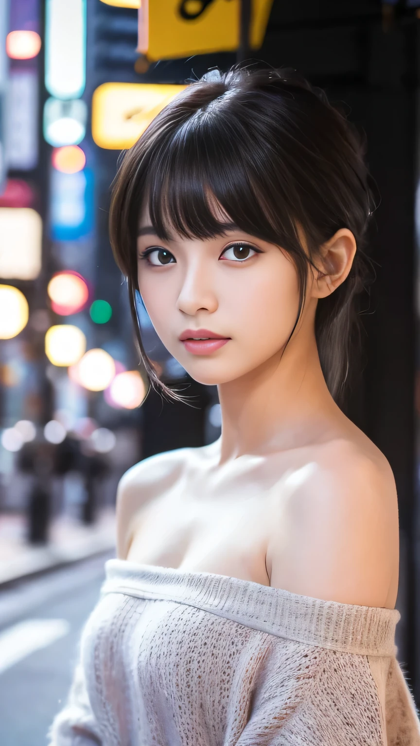 Ultra-high resolution, Superior Quality, highest quality, Super detailed, Realistic, 8k, RAW Photos, highest quality, masterpiece, Attractive girl, A wonderful girl, Black Hair, Shoulder-length layered, Asymmetrical bangs, Japanese Idols, Sophisticated, stylish, Off-the-shoulder tops, Shibuya Ward,