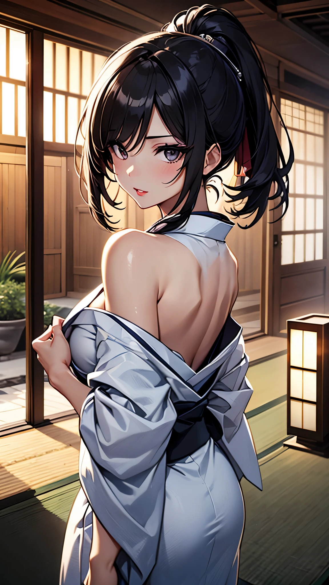 (1girl:1.3), Masterpiece, Best quality, amazing beauty, [[3D]], 4K, absurdres, finely detail, super detailed eye, perfect anatomy, official art, cinematic lighting, BREAK, ryokan, tatami, silky long hair, s black hair, super shiny detailed black eyes, big eyes, tareme, cute eyes, thin eyebrow, Staring, close-mouth, thin lips, smirk, mascara, rouge, Eyeliner, red lips, eyewear, blush, BREAK, tall, slender, tanlines, She turns around and shows her back, bare shoulders, BREAK ,(white kimono:1.2), 35mm lens f/1