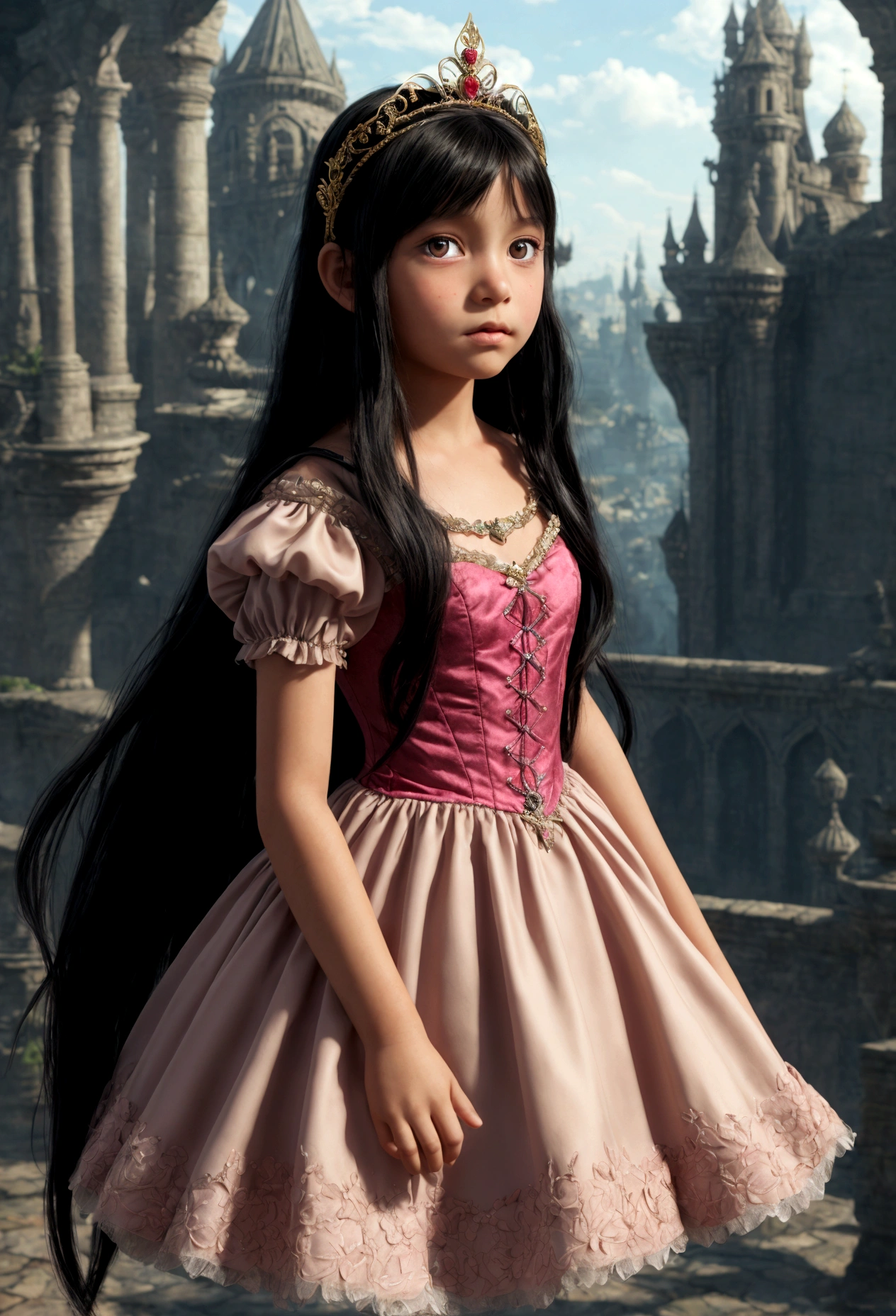 an 8 , long black hair, Brown eyes, Princess dress, and headdress, In a fantasy city