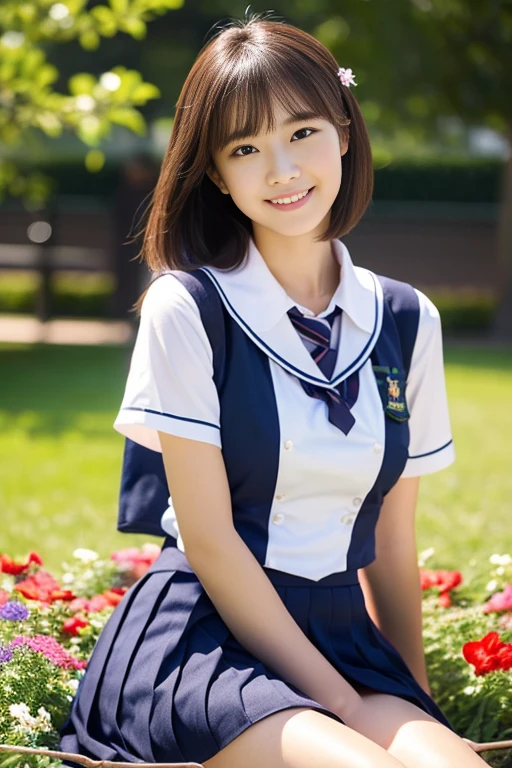 (((full bodyesbian)))、((Girls' High School Uniforms))、((1a person))、ponytail、short-hair、Close to the subject、((a school flower beds)))、(((ssmile)))、(((Girls' High School)))、((a beauty girl))、((sexy pose))、Photorealsitic、Beautiful detailed eyes、Hyper-Realism、highcontrast、Ultra HD、realistic skin textures、Top image quality、top-quality、超A high resolution、Fine details、Very meticulously、ample round bosom