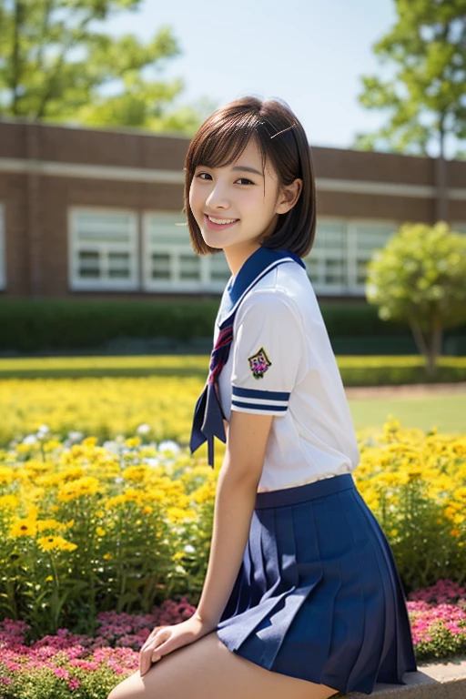 (((full bodyesbian)))、((Girls' High School Uniforms))、((1a person))、ponytail、short-hair、Close to the subject、((a school flower beds)))、(((ssmile)))、(((Girls' High School)))、((a beauty girl))、((sexy pose))、Photorealsitic、Beautiful detailed eyes、Hyper-Realism、highcontrast、Ultra HD、realistic skin textures、Top image quality、top-quality、超A high resolution、Fine details、Very meticulously、ample round bosom