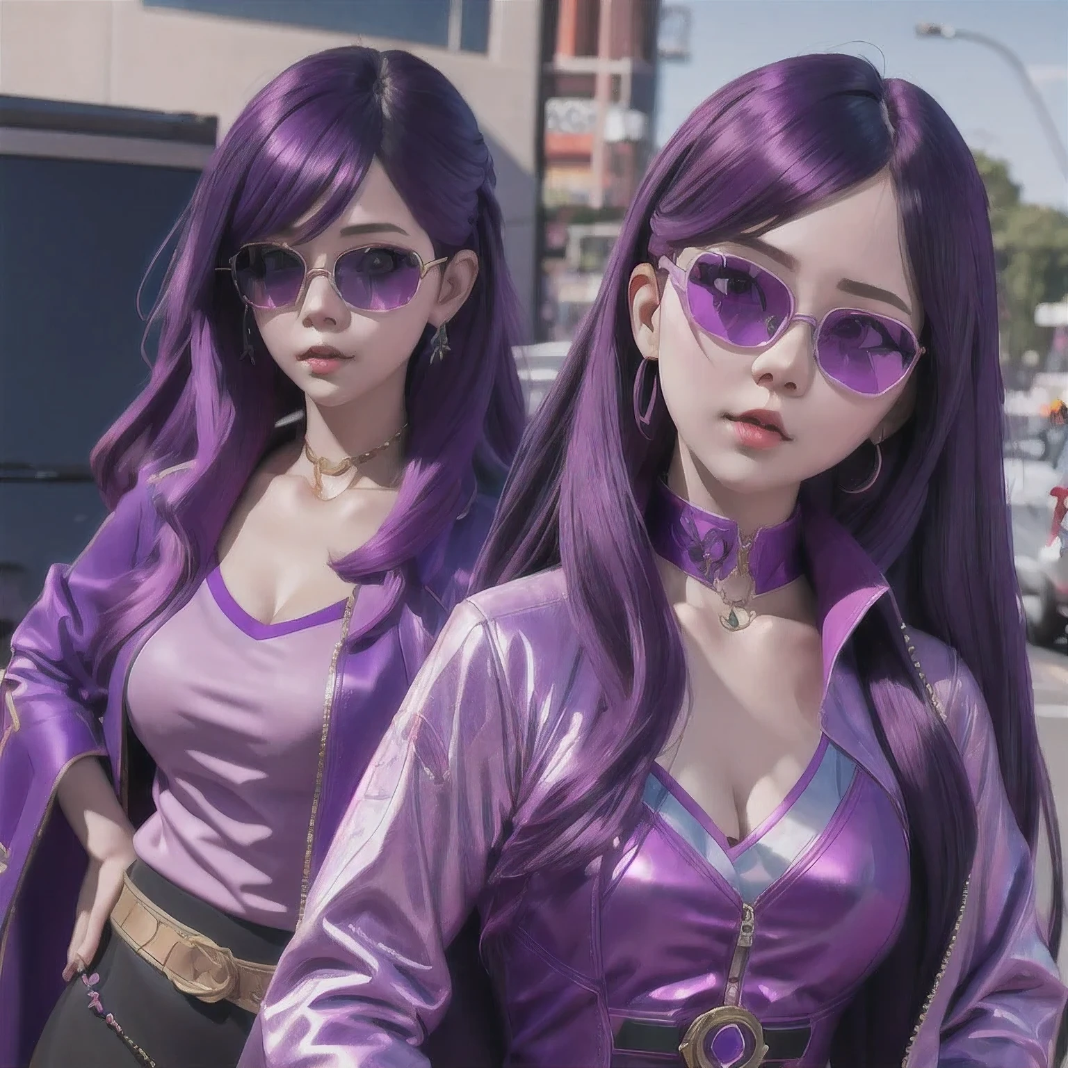 purple haired woman with purple sunglasses and a purple jacket, artwork in the style of guweiz, inspired by Yanjun Cheng, guweiz, trending on cgstation, belle delphine, yanjun chengt, ross tran 8 k, purple aethetic, in the style of ross tran, luts, deviantart artstation cgscosiety, trending at cgstation(masterpiece, best quality:1.2), 1girl, solo