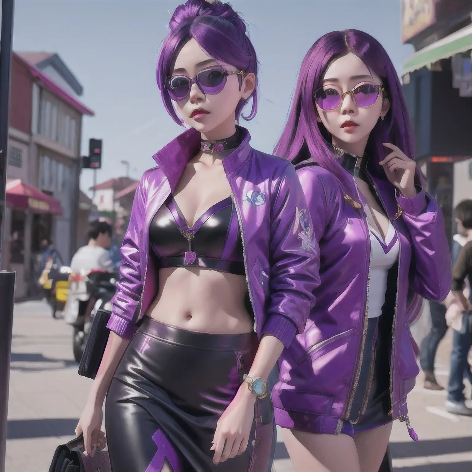 purple haired woman with purple sunglasses and a purple jacket, artwork in the style of guweiz, inspired by Yanjun Cheng, guweiz, trending on cgstation, belle delphine, yanjun chengt, ross tran 8 k, purple aethetic, in the style of ross tran, luts, deviantart artstation cgscosiety, trending at cgstation(masterpiece, best quality:1.2), 1girl, solo