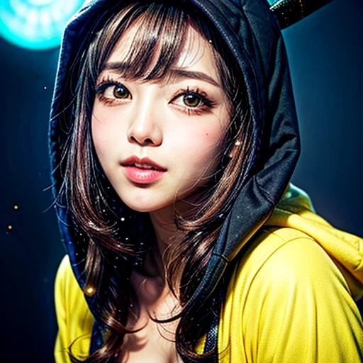 (Girl in ((Yellow)) Pikachu hood), (naked hoodie, hood loosely open) . masterpiece 8K best quality, (RAW PhotoRealistic HyperRealism:1.37) Ultra-detailed, (Acutance:0.85), VolumetricLighting, (Studio) gray background with (Blurred colorful Lights dazzling bokeH:1.28), { (Overflowing Gigantic Cleavage;1.2) | (Golden ray illuminating face) | (Photon Particles:0.95) } . BREAK . (((Extremely detailed KAWAII face))), perfect anatomy, Childish, CaptivatingGaze, Elaborate detailed Eyes with (Sparkling Highlights:1.28), Beautifull Pupils, (Voluminous Long Eyelashes:0.88)、Glossy Lips, Rosy Cheeks, (Flawless FineSkin, Radiant PearlSkin with Transparency) . { (joyful expressions:1.28) | (:d) }, (Large eyes:-1) . ((leaning forward with DownBlouse))