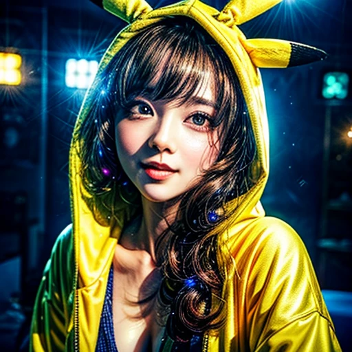 (Girl in ((Yellow)) Pikachu hood), (naked hoodie, hood loosely open) . masterpiece 8K best quality, (RAW PhotoRealistic HyperRealism:1.37) Ultra-detailed, (Acutance:0.85), VolumetricLighting, (Studio) gray background with (Blurred colorful Lights dazzling bokeH:1.28), { (Overflowing Gigantic Cleavage;1.2) | (Golden ray illuminating face) | (Photon Particles:0.95) } . BREAK . (((Extremely detailed KAWAII face))), perfect anatomy, Childish, CaptivatingGaze, Elaborate detailed Eyes with (Sparkling Highlights:1.28), Beautifull Pupils, (Voluminous Long Eyelashes:0.88)、Glossy Lips, Rosy Cheeks, (Flawless FineSkin, Radiant PearlSkin with Transparency) . { (joyful expressions:1.28) | (:d) }, (Large eyes:-1) . ((leaning forward with DownBlouse))
