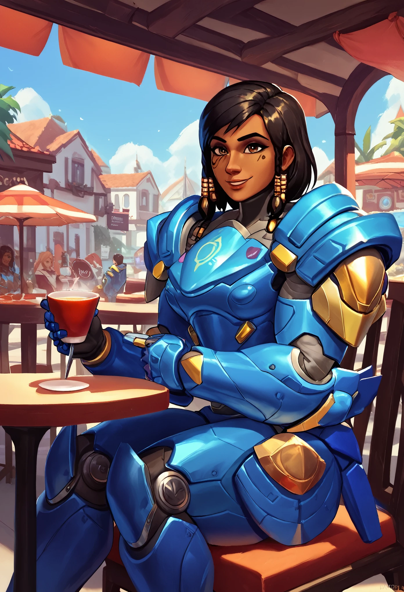 score_9, score_8_up, score_7_up, masterpiece, high quality, phrah, hair tubes, facial tattoo, side braids, power armor, short hair, sitting in a cafe holding a cup of tea, smile
