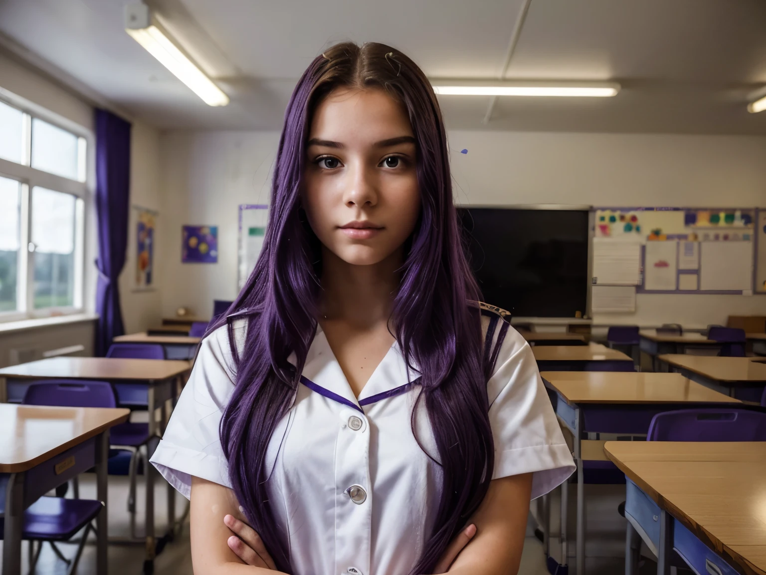 An eighteen-year-old young woman with long purple hair in a sailor suit sits in a classroom (school 1.5 in the background) (expression serious, cold 1.5) (best quality: 1.1) (masterpiece: 1.3) with an unparalleled masterpiece, surreal 8K, perfect artwork, super detail, best quality, masterpiece 4K wallpaper aesthetics, masterpiece, award-winning artwork, official art, cinematic lighting