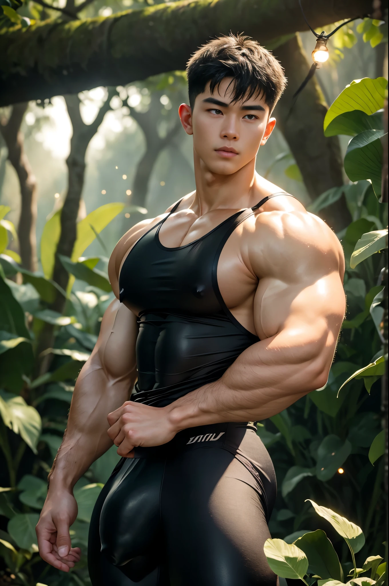 (Ultra realistic, intricate details, photorealistic, 8K HD, dim lightings), Detailed realistic, a handsome vietnamese muscular young boy, powerful and intimidating, bodybuilder, godly presence, young god|tarzan, ager face, beautiful, smooth dark brown hair, detailed eyes, smirking, confident, huge muscles, wearing tight black leather gym tank top,wearing white spandex leggings,perfect hands, (realistic skin, tanned skin), puffy nipples, outdoors, dark magical forest, fireflies
