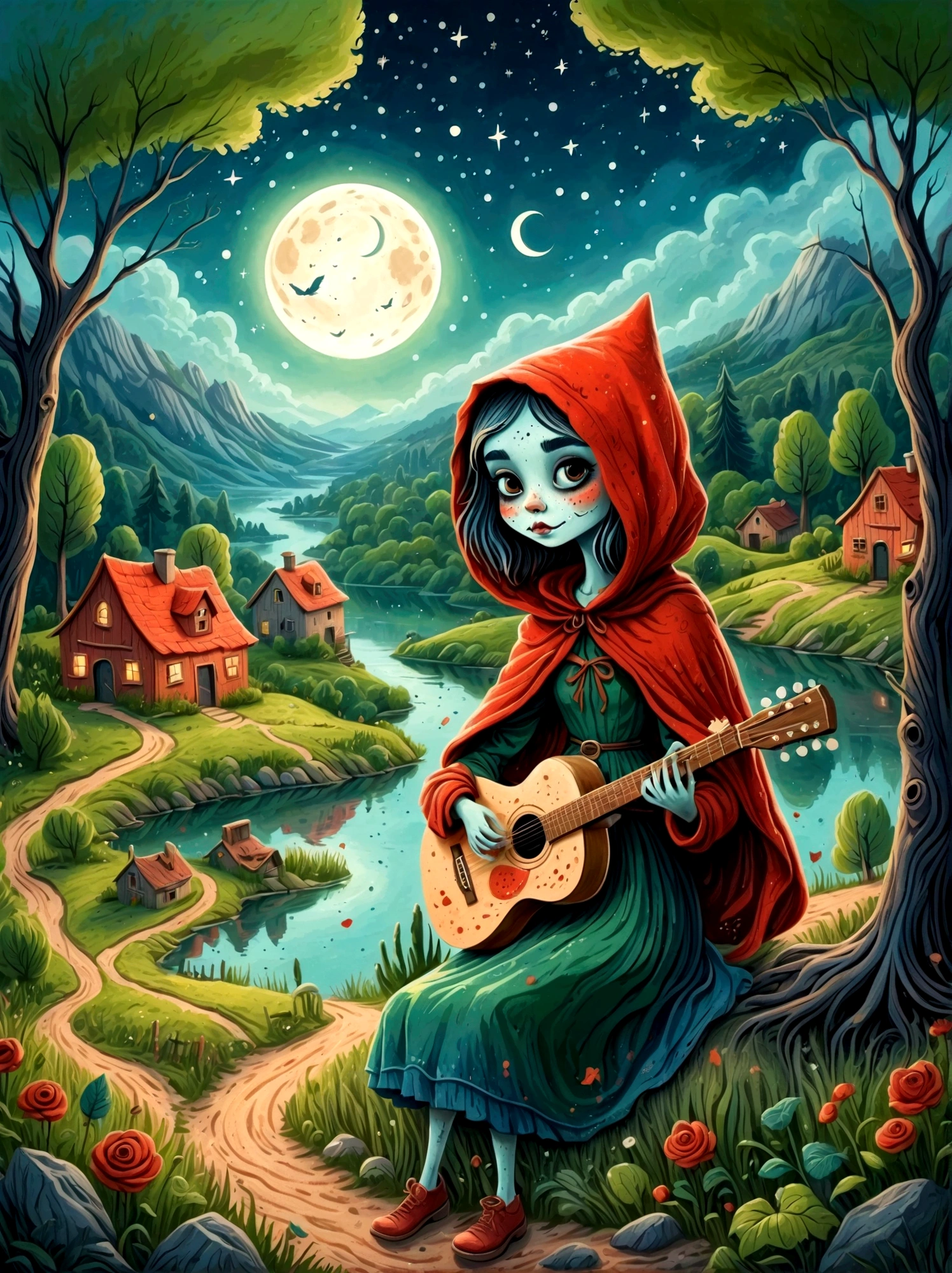 Cartoon hand drawn, 1girl, solo, Cute young charming little red riding hood girl，Strong zombie makeup, Playing an old guitar，the guitar player，Ghost Viewer，A dilapidated village by the lake, a dark forest and a vineyard，Starry nights，Gloomy and foggy atmosphere，The cute absurdity，The attraction and rejection of extraordinary appearance，Magical naive art，Bright blue and green，The color palette is in red, orange and black tones and has a sketchy style, The background should have a simple hand-drawn doodle pattern, 1shxx1