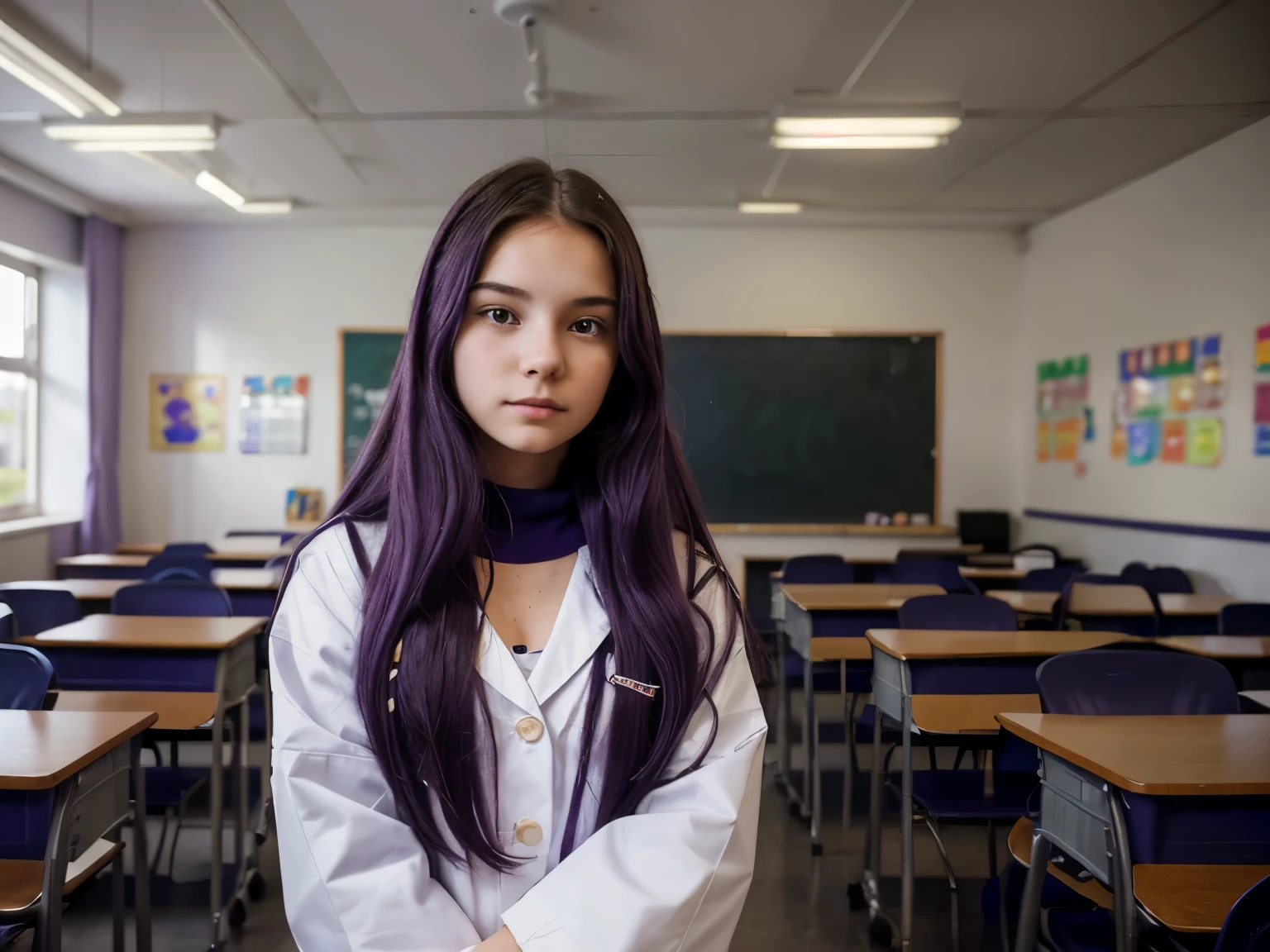 An eighteen-year-old young woman with long purple hair in a sailor suit sits in a classroom (school 1.5 in the background) (expression serious, cold 1.5) (best quality: 1.1) (masterpiece: 1.3) with an unparalleled masterpiece, surreal 8K, perfect artwork, super detail, best quality, masterpiece 4K wallpaper aesthetics, masterpiece, award-winning artwork, official art, cinematic lighting