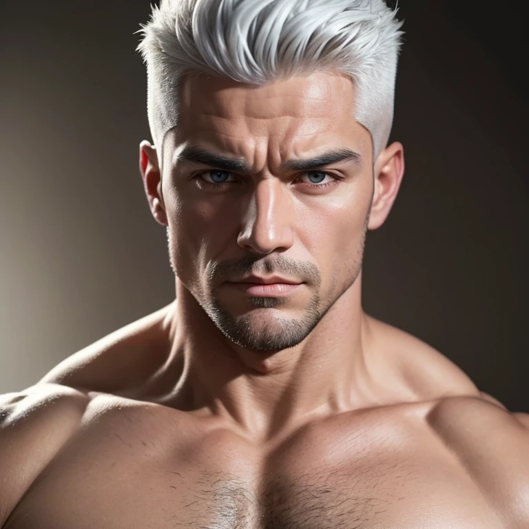 a very handsome, robust, serious man, with silver hair, with a Mid fade haircut, massively muscular, with massively large muscles, with a defined and muscular body, shirtless, seen very close up