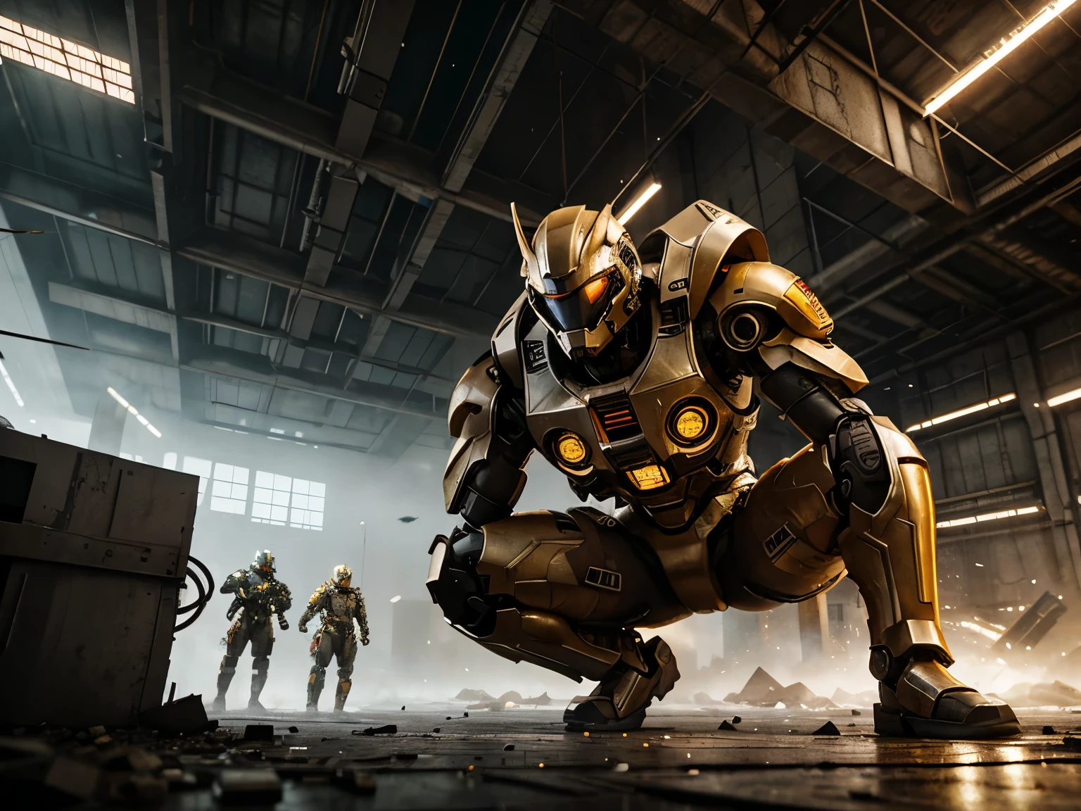 Men are wearing Amman mechs, red and gold, highly detailed abandoned warehouse backgrounds, detailed faces, detailed complex busy backgrounds, messy, gorgeous, milky, detailed skin, realistic skin details, visible pores, sharp focus, volume fog, 8k UHD, DSLR cameras, high quality, film grain, white skin, photorealism, lomography, Metropolis in futuristic dystopia, view from below, translucent