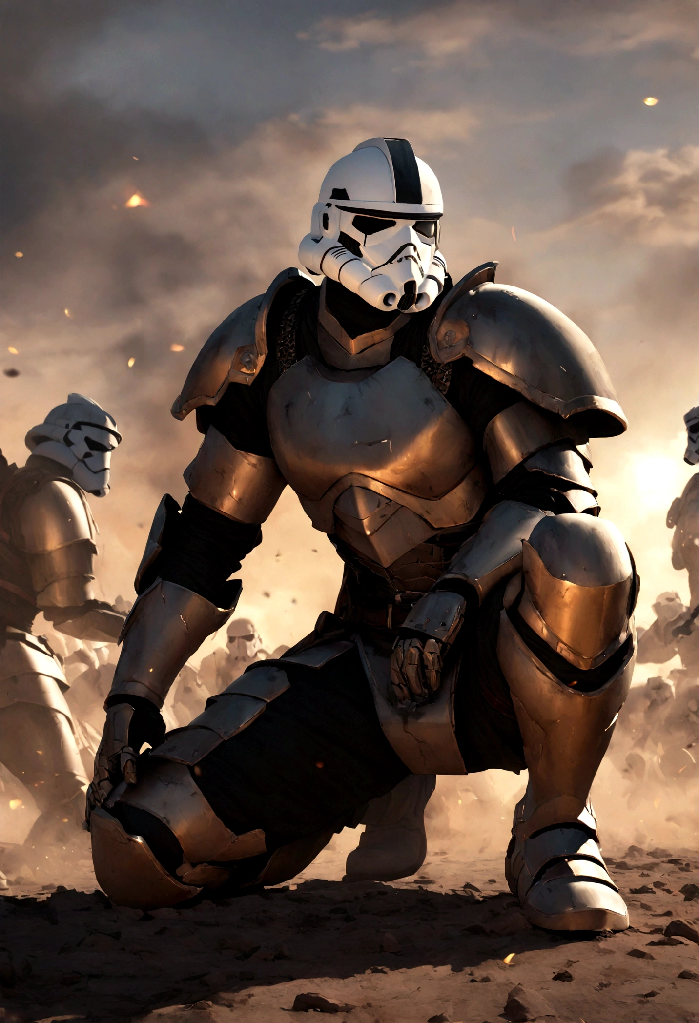 Spartan warrior wearing a stormtrooper mask, excruciating , bloody armor, on the battlefield, On knees, Epic, 8K