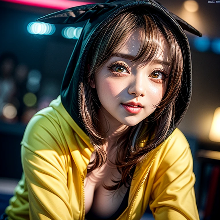 (Girl in ((Yellow)) Pikachu hood), (naked hoodie, hood loosely open) . masterpiece 8K best quality, (RAW PhotoRealistic HyperRealism:1.37) Ultra-detailed, (Acutance:0.85), VolumetricLighting, (Studio) gray background with (Blurred colorful Lights dazzling bokeH:1.28), { (Overflowing Gigantic Cleavage;1.2) | (Golden ray illuminating face) | (Photon Particles:0.95) } . BREAK . (((Extremely detailed KAWAII face))), perfect anatomy, Childish, CaptivatingGaze, Elaborate detailed Eyes with (Sparkling Highlights:1.28), Beautifull Pupils, (Voluminous Long Eyelashes:0.88)、Glossy Lips, Rosy Cheeks, (Flawless FineSkin, Radiant PearlSkin with Transparency) . { (joyful expressions:1.28) | (:d) }, (Large eyes:-1) . ((leaning forward with DownBlouse))