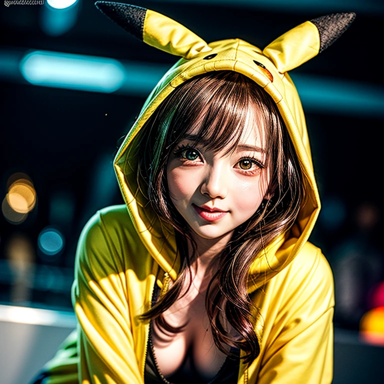 (Girl in ((Yellow)) Pikachu hood), (naked hoodie, hood loosely open) . masterpiece 8K best quality, (RAW PhotoRealistic HyperRealism:1.37) Ultra-detailed, (Acutance:0.85), VolumetricLighting, (Studio) gray background with (Blurred colorful Lights dazzling bokeH:1.28), { (Overflowing Gigantic Cleavage;1.2) | (Golden ray illuminating face) | (Photon Particles:0.95) } . BREAK . (((Extremely detailed KAWAII face))), perfect anatomy, Childish, CaptivatingGaze, Elaborate detailed Eyes with (Sparkling Highlights:1.28), Beautifull Pupils, (Voluminous Long Eyelashes:0.88)、Glossy Lips, Rosy Cheeks, (Flawless FineSkin, Radiant PearlSkin with Transparency) . { (joyful expressions:1.28) | (:d) }, (Large eyes:-1) . ((leaning forward with DownBlouse))