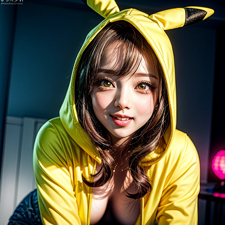 (Girl in ((Yellow)) Pikachu hood), (naked hoodie, hood loosely open) . masterpiece 8K best quality, (RAW PhotoRealistic HyperRealism:1.37) Ultra-detailed, (Acutance:0.85), VolumetricLighting, (Studio) gray background with (Blurred colorful Lights dazzling bokeH:1.28), { (Overflowing Gigantic Cleavage;1.2) | (Golden ray illuminating face) | (Photon Particles:0.95) } . BREAK . (((Extremely detailed KAWAII face))), perfect anatomy, Childish, CaptivatingGaze, Elaborate detailed Eyes with (Sparkling Highlights:1.28), Beautifull Pupils, (Voluminous Long Eyelashes:0.88)、Glossy Lips, Rosy Cheeks, (Flawless FineSkin, Radiant PearlSkin with Transparency) . { (joyful expressions:1.28) | (:d) }, (Large eyes:-1) . ((leaning forward with DownBlouse))