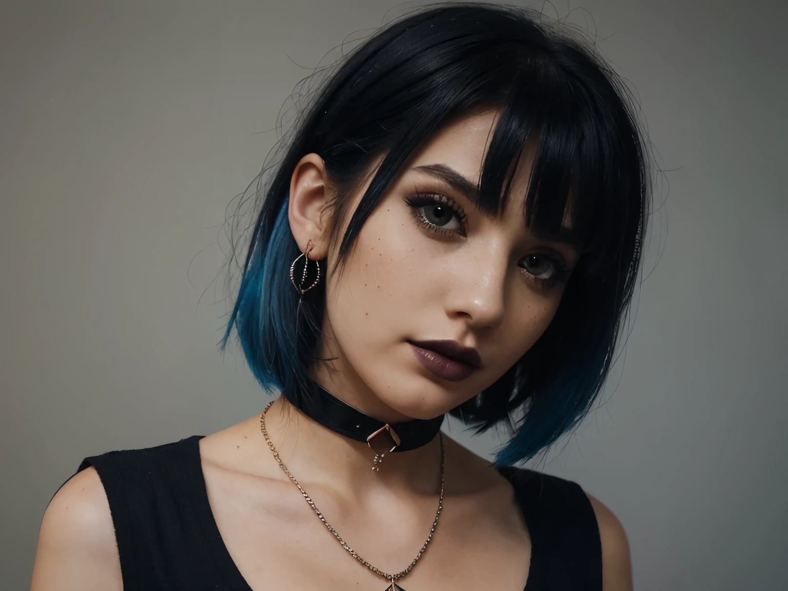 masterpiece, best quality,3d rending work ,3DMM style,close-up,portrait, 3D,1girl, solo, multicolored hair, blue hair, black hair, necklace, freckles, jewelry, two-tone hair, looking to the side, realistic, upper body, simple background, bangs, looking away, short hair, parted lips, black eyes, lips, gothic, choker, makeup, mole, black shirt, shirt, watermark