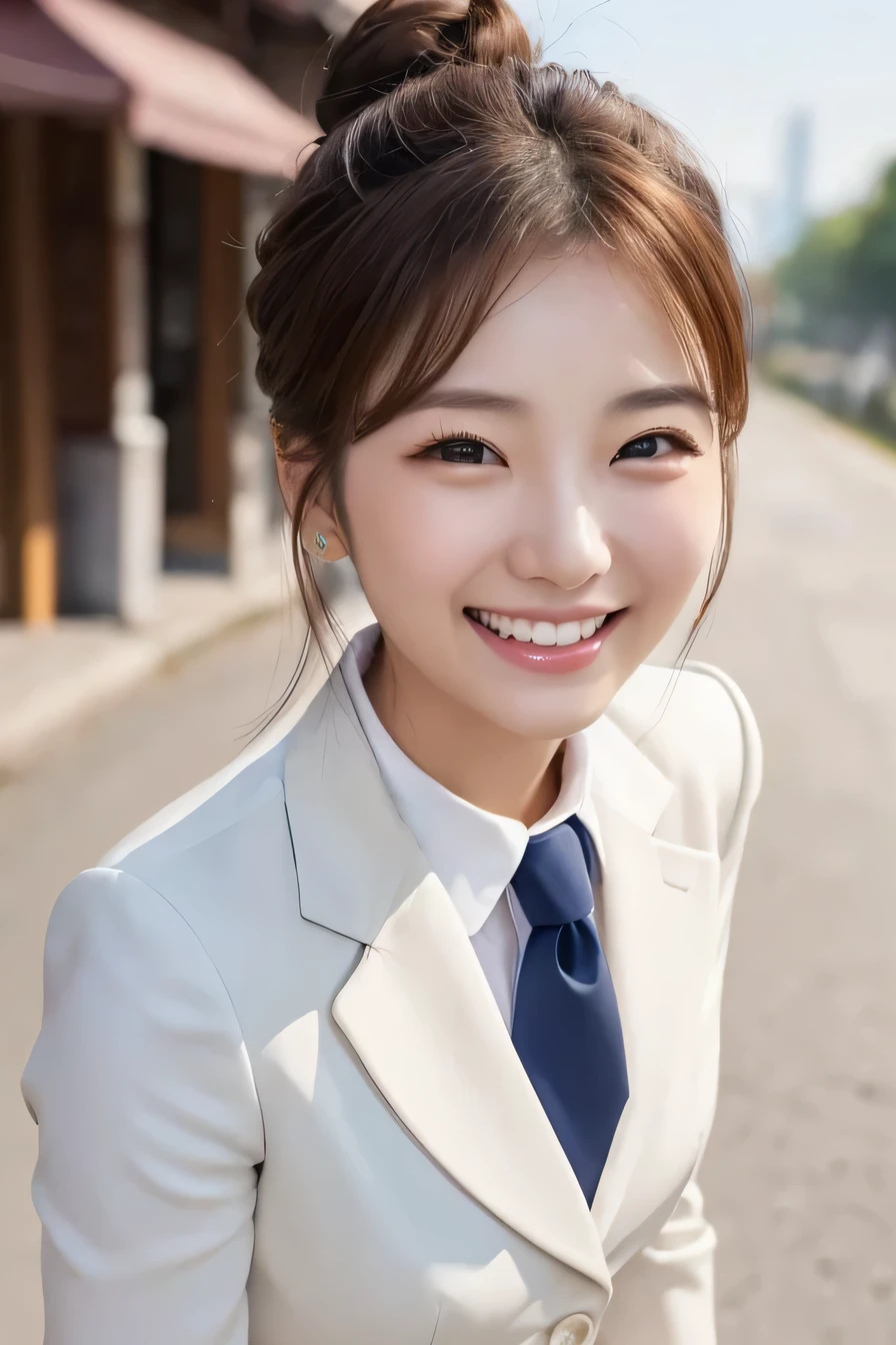 young woman、 Korean women、Light brown hair、Hairstyle bun、ear piercing、、business suit、White dress shirt、tie、smile、Laughing with your mouth open、Beautiful teeth alignment、Intricate details, Very detailed:1.2), 、 Looking into the camera,The background is the town、