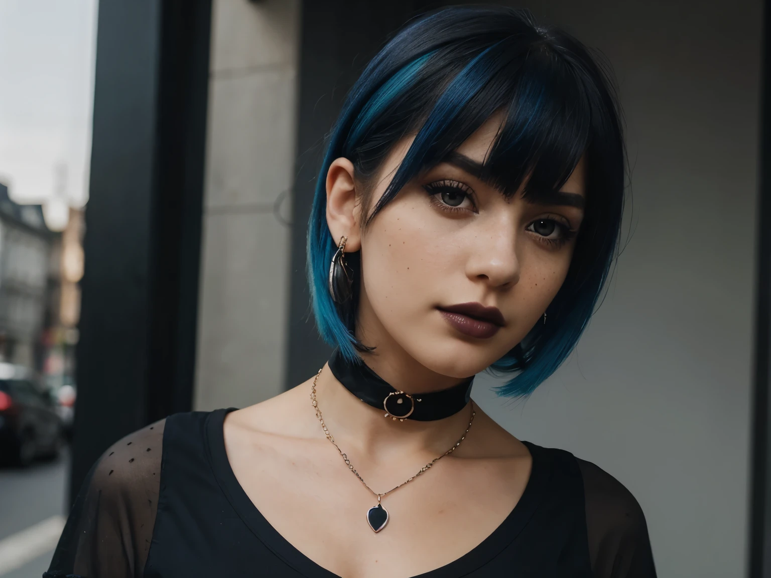 masterpiece, best quality,3d rending work ,3DMM style,close-up,portrait, 3D,1girl, solo, multicolored hair, blue hair, black hair, necklace, freckles, jewelry, two-tone hair, looking to the side, realistic, upper body, simple background, bangs, looking away, short hair, parted lips, black eyes, lips, gothic, choker, makeup, mole, black shirt, shirt, watermark