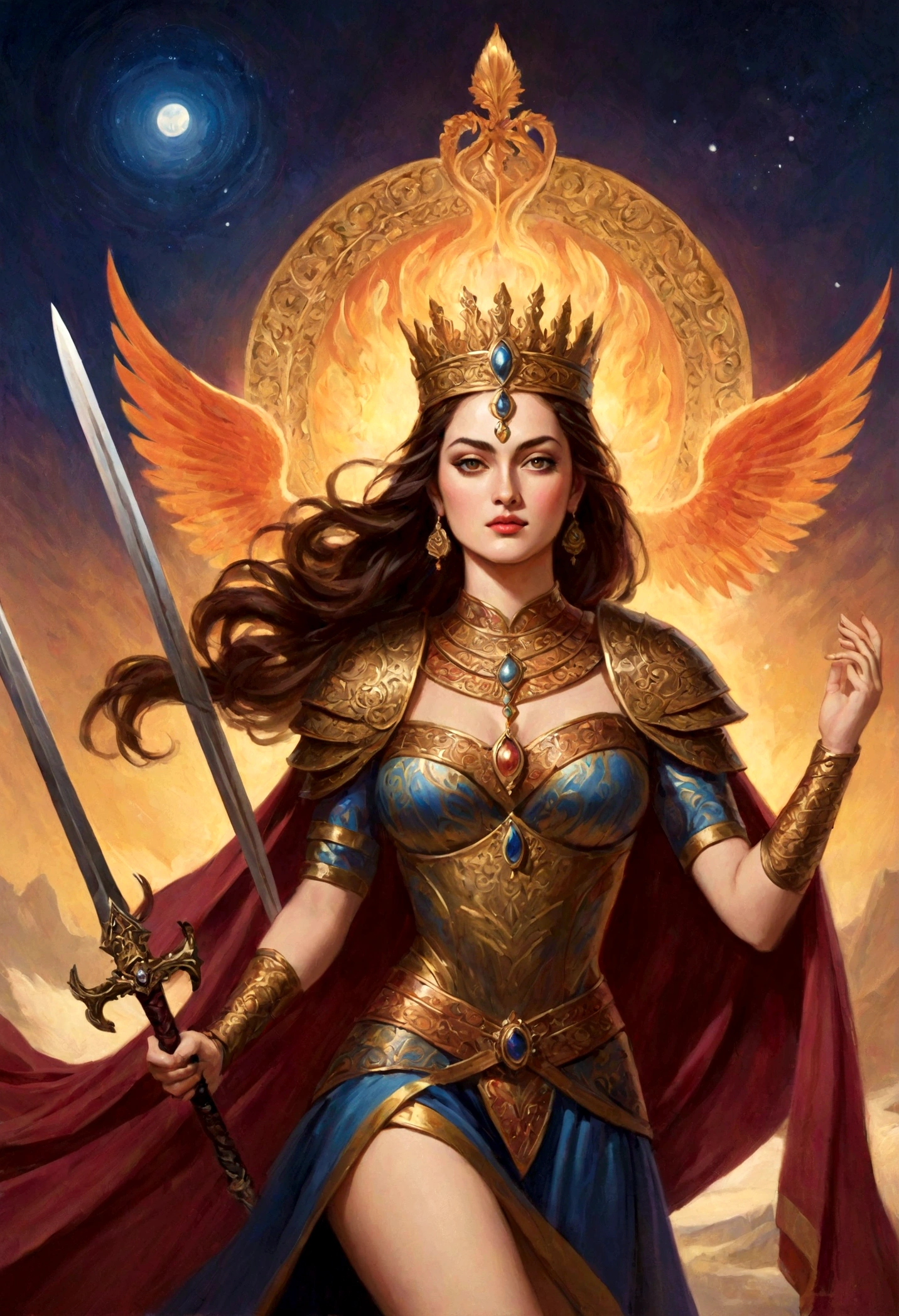 Looks like Sandeepa Dhar, "Design an illustration of a stunning and powerful warrior queen with a regal presence. She should possess a combination of strength and grace. Imagine her in ornate, yet practical armor that complements her figure. The armor should be adorned with intricate details and symbols representing her royal lineage and warrior prowess. Her weapon of choice could be a unique and elegant sword or a mythical weapon that reflects her status as a formidable leader. Her facial features should exude confidence and determination, with piercing eyes that convey both fierceness and wisdom. The queen's hair, whether long or short, should flow dynamically, hinting at her movement in battle. Consider incorporating elements that emphasize her connection to nature or a mythical realm, such as ethereal backgrounds, symbolic animals, or mystical symbols. Pay attention to the color palette; use rich, bold colors that enhance her royal aura. Experiment with lighting to highlight specific details and create a sense of drama. Ensure that her posture and expression capture the essence of a queen who commands respect and admiration. Feel free to draw inspiration from historical warrior queens or fictional characters, blending elements to create a unique and captivating image."