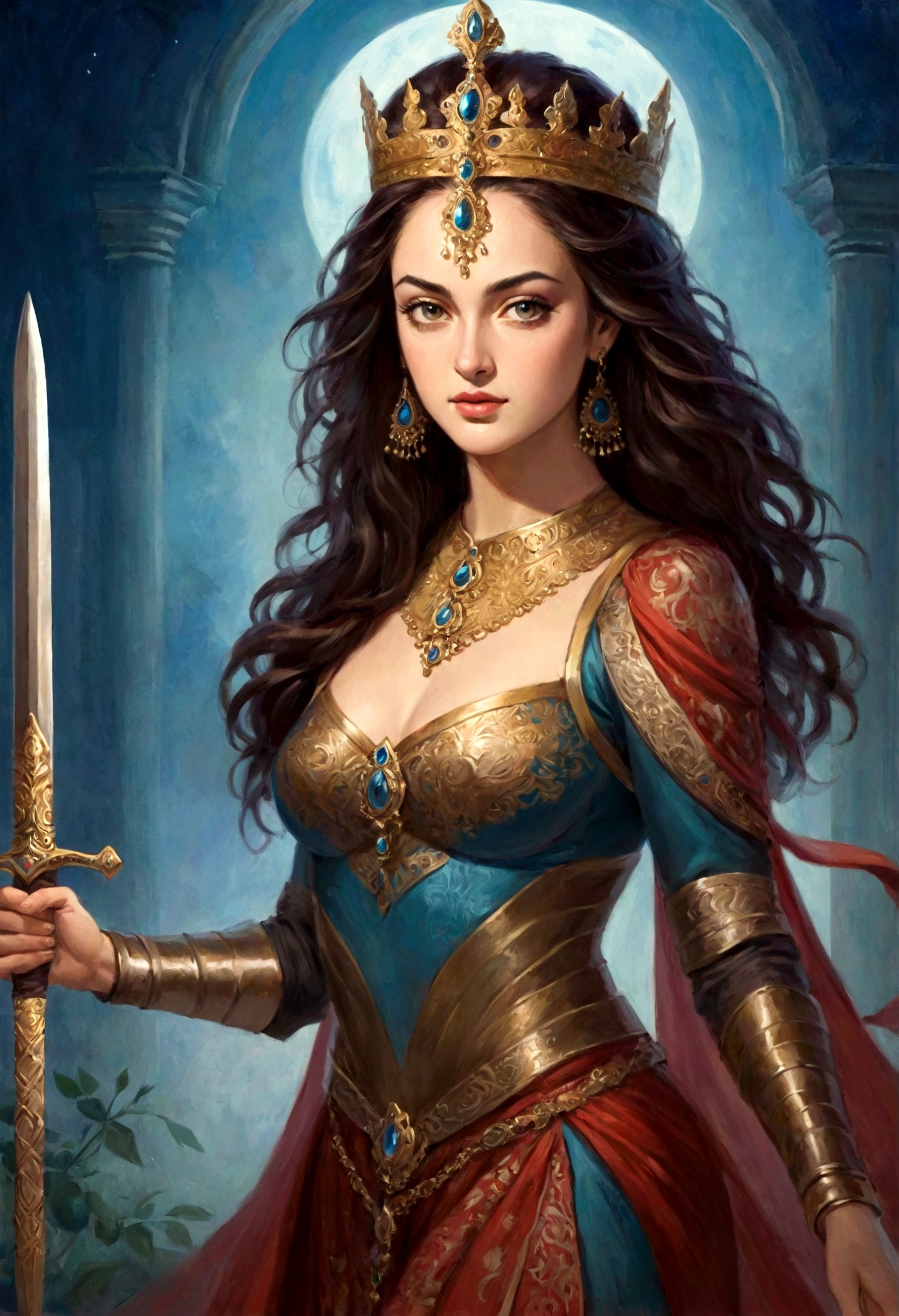 Looks like Sandeepa Dhar, "Design an illustration of a stunning and powerful warrior queen with a regal presence. She should possess a combination of strength and grace. Imagine her in ornate, yet practical armor that complements her figure. The armor should be adorned with intricate details and symbols representing her royal lineage and warrior prowess. Her weapon of choice could be a unique and elegant sword or a mythical weapon that reflects her status as a formidable leader. Her facial features should exude confidence and determination, with piercing eyes that convey both fierceness and wisdom. The queen's hair, whether long or short, should flow dynamically, hinting at her movement in battle. Consider incorporating elements that emphasize her connection to nature or a mythical realm, such as ethereal backgrounds, symbolic animals, or mystical symbols. Pay attention to the color palette; use rich, bold colors that enhance her royal aura. Experiment with lighting to highlight specific details and create a sense of drama. Ensure that her posture and expression capture the essence of a queen who commands respect and admiration. Feel free to draw inspiration from historical warrior queens or fictional characters, blending elements to create a unique and captivating image."