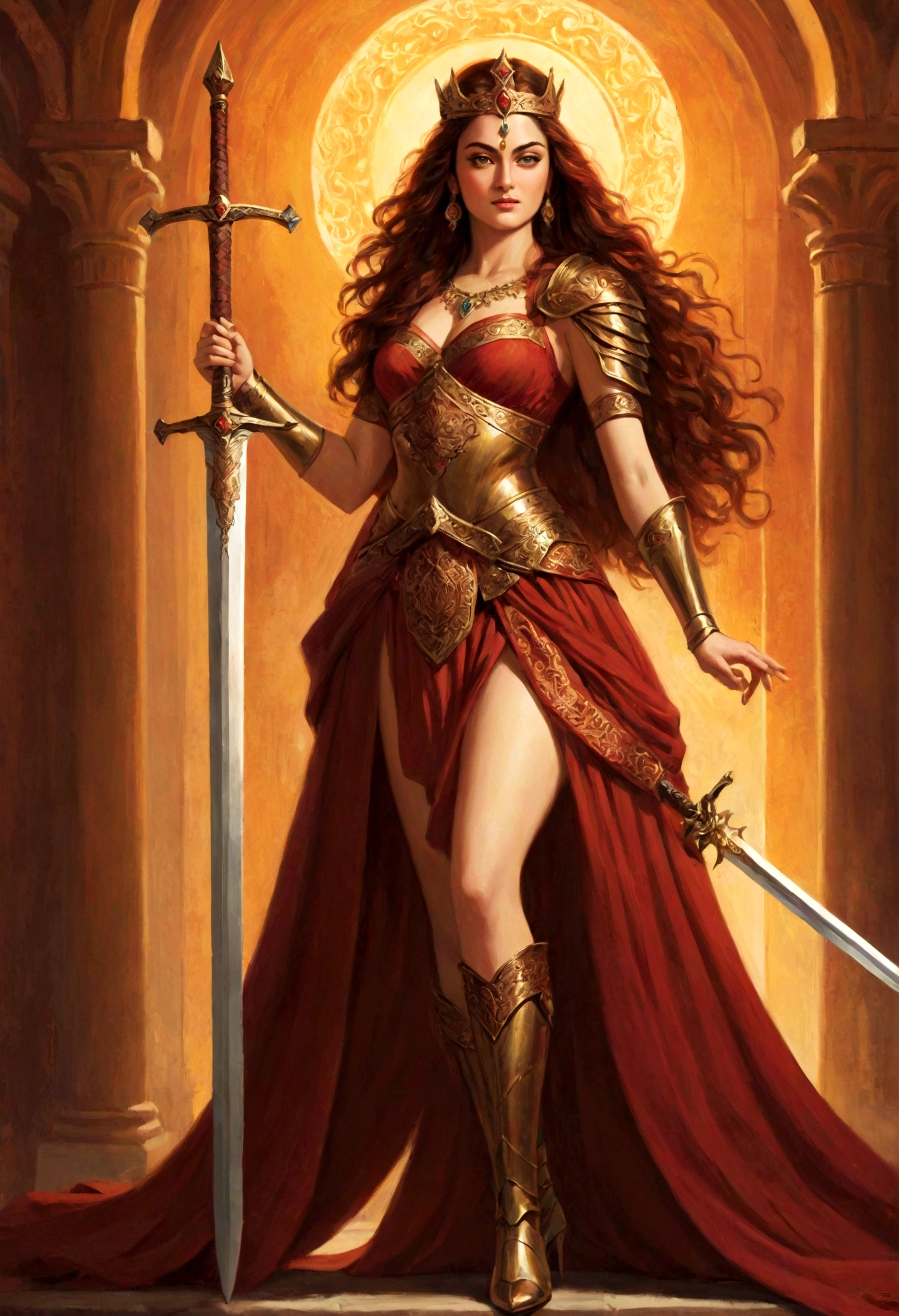 Looks like Sandeepa Dhar, "Design an illustration of a stunning and powerful warrior queen with a regal presence. She should possess a combination of strength and grace. Imagine her in ornate, yet practical armor that complements her figure. The armor should be adorned with intricate details and symbols representing her royal lineage and warrior prowess. Her weapon of choice could be a unique and elegant sword or a mythical weapon that reflects her status as a formidable leader. Her facial features should exude confidence and determination, with piercing eyes that convey both fierceness and wisdom. The queen's hair, whether long or short, should flow dynamically, hinting at her movement in battle. Consider incorporating elements that emphasize her connection to nature or a mythical realm, such as ethereal backgrounds, symbolic animals, or mystical symbols. Pay attention to the color palette; use rich, bold colors that enhance her royal aura. Experiment with lighting to highlight specific details and create a sense of drama. Ensure that her posture and expression capture the essence of a queen who commands respect and admiration. Feel free to draw inspiration from historical warrior queens or fictional characters, blending elements to create a unique and captivating image."

