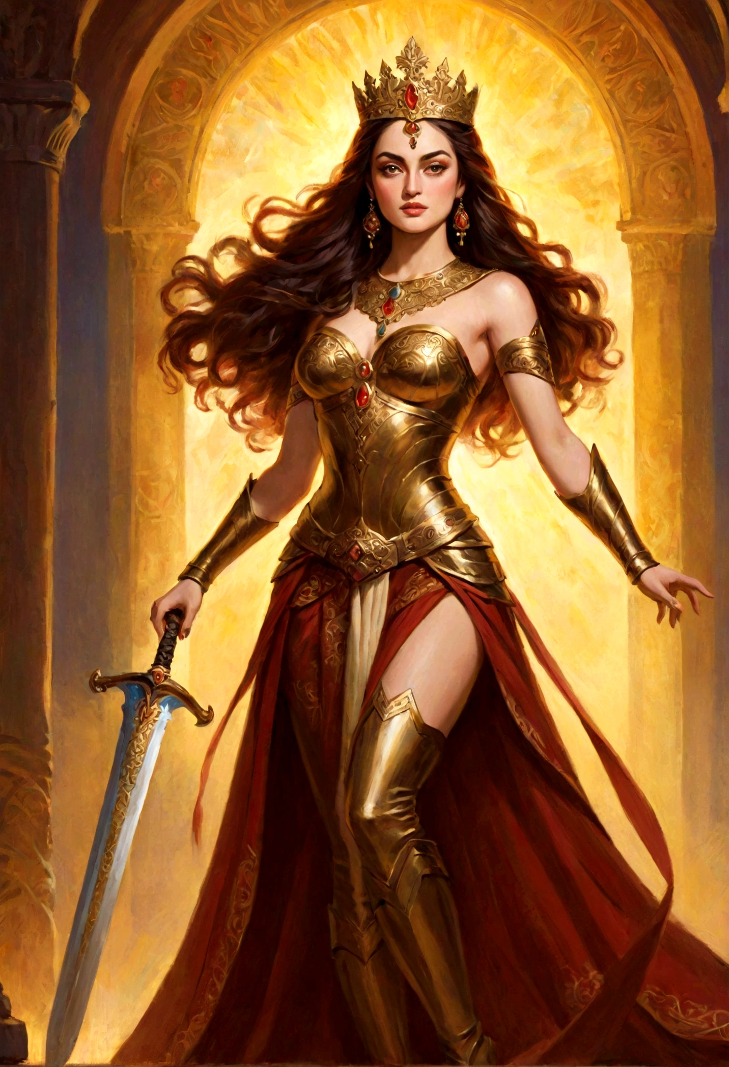 Looks like Sandeepa Dhar, "Design an illustration of a stunning and powerful warrior queen with a regal presence. She should possess a combination of strength and grace. Imagine her in ornate, yet practical armor that complements her figure. The armor should be adorned with intricate details and symbols representing her royal lineage and warrior prowess. Her weapon of choice could be a unique and elegant sword or a mythical weapon that reflects her status as a formidable leader. Her facial features should exude confidence and determination, with piercing eyes that convey both fierceness and wisdom. The queen's hair, whether long or short, should flow dynamically, hinting at her movement in battle. Consider incorporating elements that emphasize her connection to nature or a mythical realm, such as ethereal backgrounds, symbolic animals, or mystical symbols. Pay attention to the color palette; use rich, bold colors that enhance her royal aura. Experiment with lighting to highlight specific details and create a sense of drama. Ensure that her posture and expression capture the essence of a queen who commands respect and admiration. Feel free to draw inspiration from historical warrior queens or fictional characters, blending elements to create a unique and captivating image."