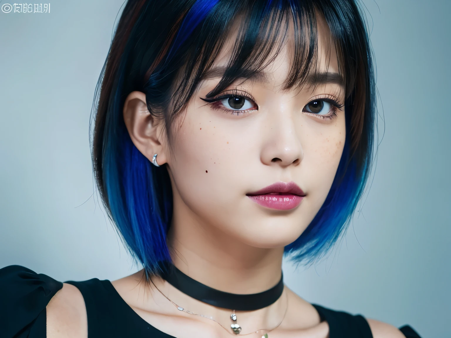 masterpiece, best quality,3d rending work ,3DMM style,close-up,portrait, 3D,1girl, solo, multicolored hair, blue hair, black hair, necklace, freckles, jewelry, two-tone hair, looking to the side, realistic, upper body, simple background, bangs, looking away, short hair, parted lips, black eyes, lips, gothic, choker, makeup, mole, black shirt, shirt, watermark