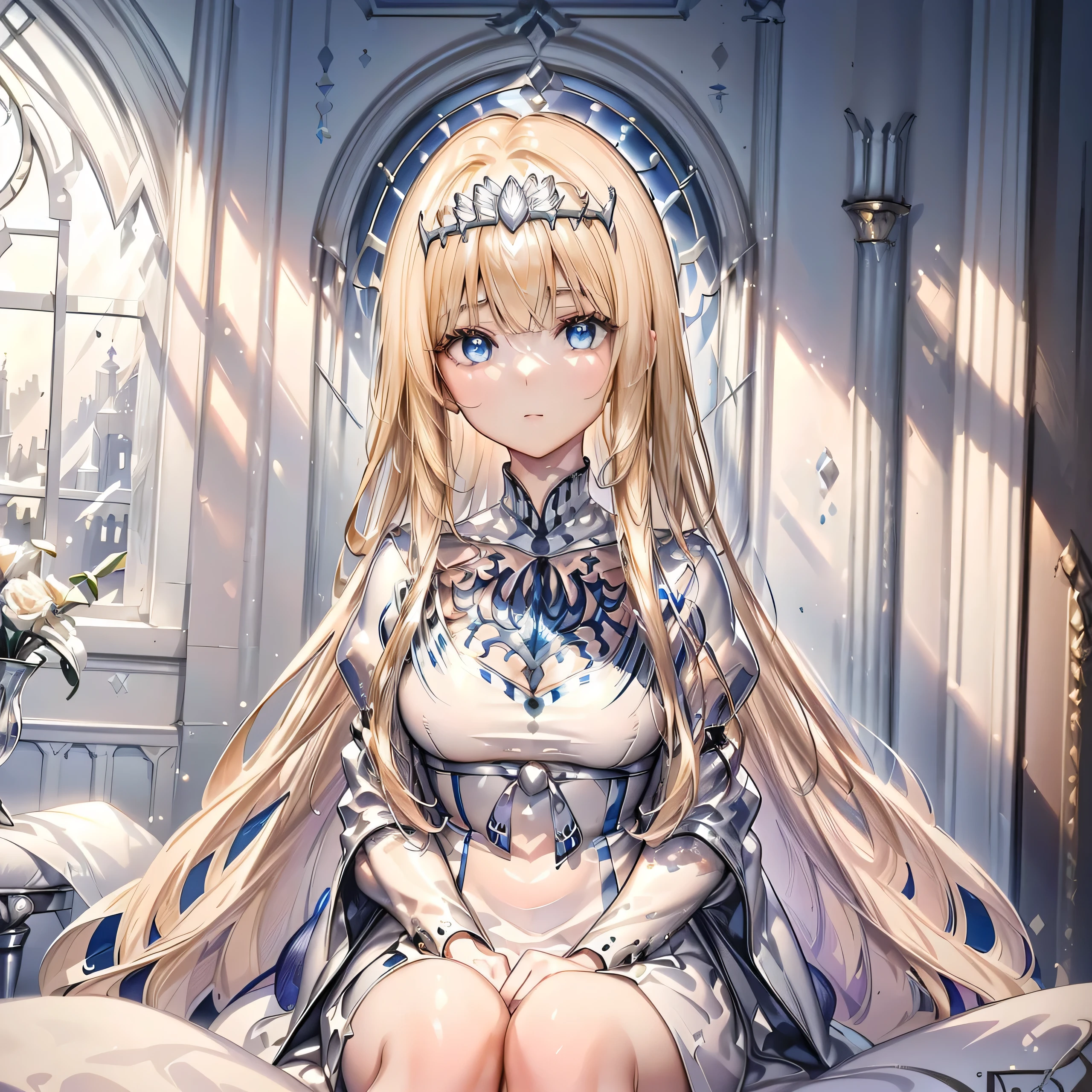 High definition RAW color art, Animation, sculptures, silver marble skin, (((Ultra detailed elegant))), Magical atmosphere, (Detailed skin, Texture (Intricately detailed, Fine detail, ultra-detailliert), depth of fields, Bokeh, silky touch, beautiful eyes, glass world, Hyper Detail, Matte Drawing, Pastel purple, 1girl, solo, Calca, Calca Bessarez, blonde hair, extremely long hair, very long hair, white tiara, silver tiara, white dress, blue eyes, medium chest, long straight hair, sitting on the luxurious chair, indoor, cathedral, stained glass , knee up image, focus on upper body, in the bed room, sit on the bed,