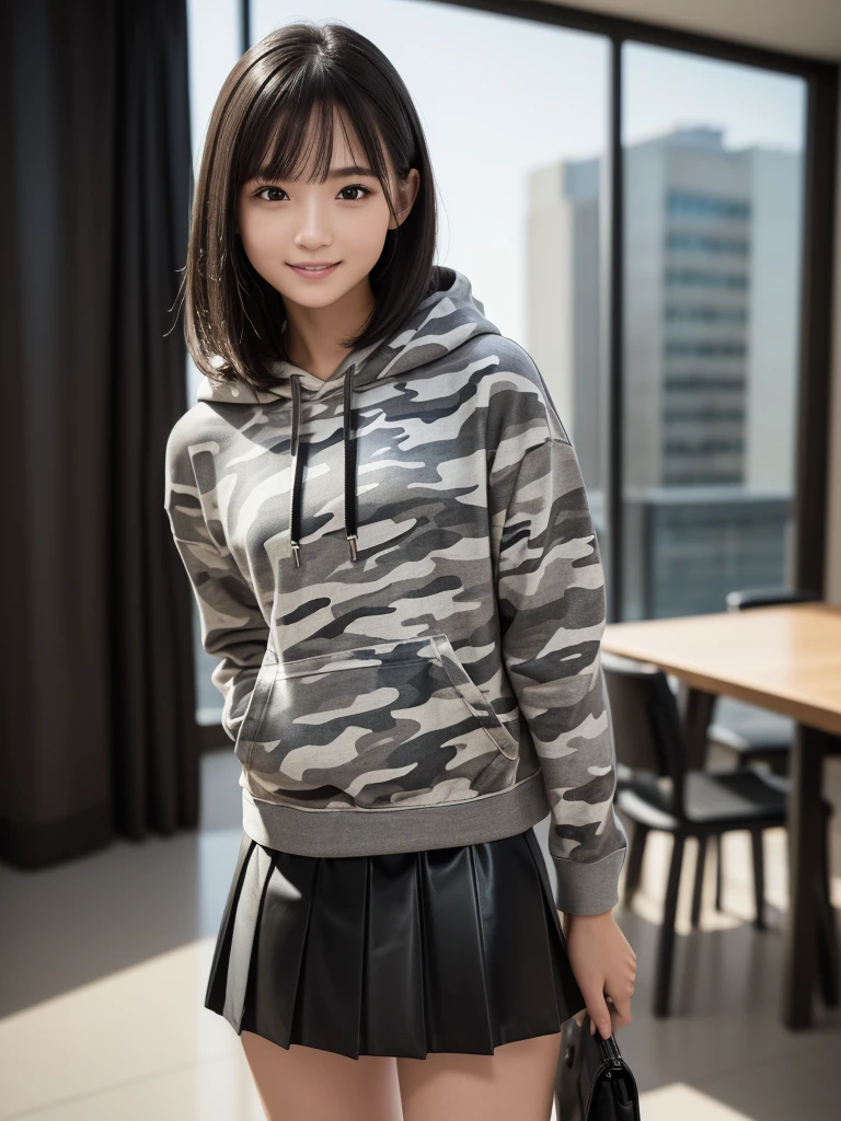 (8k, RAW Photos, highest quality, Tabletop:1.2), (Realistic, Photorealistic:1.4), (Highly detailed 8k wallpaper), Sharp focus, Depth of written boundary, Blur the background, Bokeh, Cinema Lighting, Soft Light, (whole body), 1 girl,18 years old famous Japanese idol, Perfect female body, indoor, (White and grey camouflage hoodie and black leather micro mini pleated skirt : 1.3), (Long, slender legs), (smile), Glossy lips, Beautiful fine details,Natural Makeup, Shiny and smooth light brown long bob hair, Asymmetrical bangs, Shiny skin, Center image, High resolution, Attention to detail, Detailed hairstyle, Detailed face, 素晴らしいCinema Lighting, Octane Rendering, Vibrant, Ultra-realistic, Perfect limbs, Perfect Anatomy