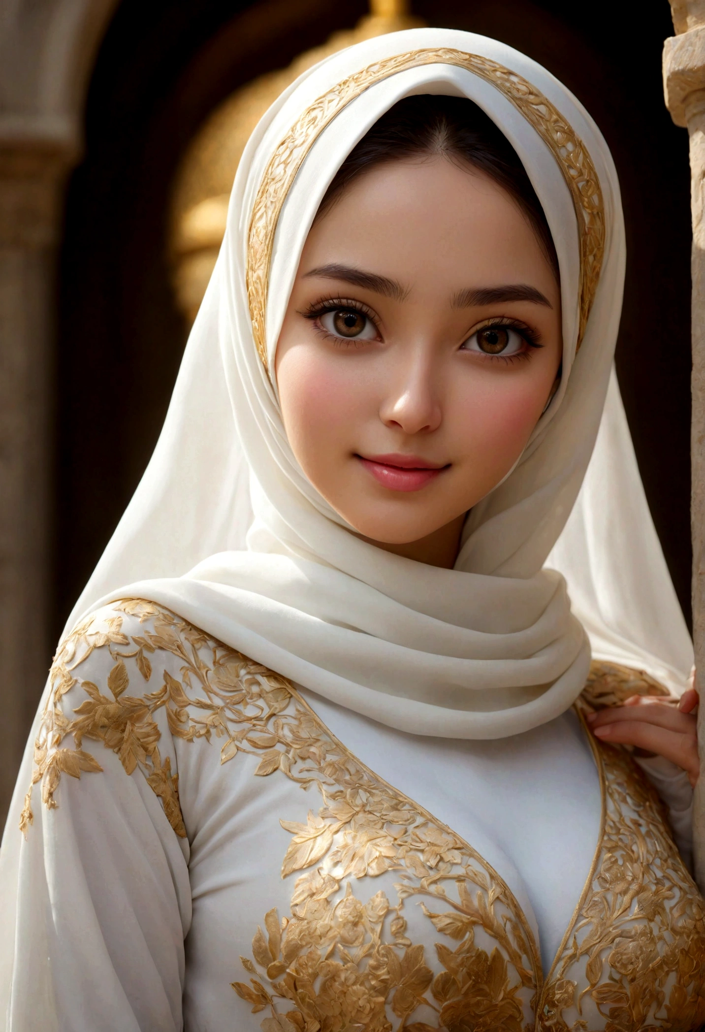 ((Best quality, 8k, Masterpiece :1.3)), Sharp focus :1.2, A pretty girl 24 years old with perfect figure :1.4, Slender abs :1.3, Raw photography、超A high resolution, full body, Ultra High Definition, (Photorealistic:1.4), Detailed Photo, Smiling, Sexy, Facing Camera, Close-up , (Photorealistic), (1girl), Beautiful Face, (Realistic Face),Beautiful hijab muslimah, Realistic eyes, beautiful detail eyes, (realistic skin), beautiful skin, (long dres), absurd, attractive, ultra high resolution, ultra realistic, high definition, golden ratio,Good hands、full body shoot camera、high-reaster-piece、highest quality、head:1.3、((Hasselblad photo))、Fine Skin、crisp focus、(Light like a movie)、gentle lighting、Dynamic Ungle、[:(detailed face:1.2):0.2]、 Negative Pro, Highly detailed face and skin texture, Detailed eyes, Double eyelid,masterpiece,super fine eyes,super fine hand, face zoom, perfect makeup,(Huge breasts that look like they might burst:1.1)