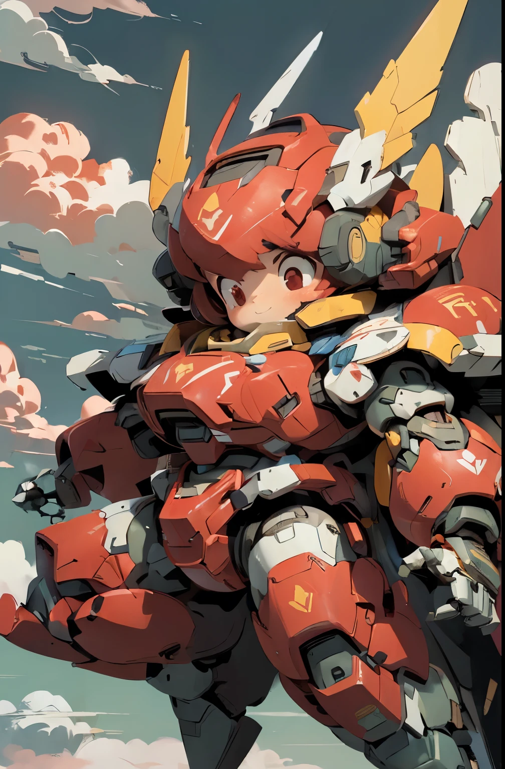 (((1girl floating in the sky, ))), (large cute face), (chibi face), ((sad smile)),((low-angle)), ((low-angle view)), ((mechanical parts)), ((mechanical wings)), ((mecha wings)), full armor, ((mecha musume)), (HRS), (RARS), (full armor:1.5), (mecha armor:1.5), (huger arms:1.5), (battle-ready:1.2), (heavy weapons:1.5), (short legs:1.2), (huger body:2.0), ((red coloring armor:1.5)), (output booster:1.2), Heavy armament, heavy equipment, Mecha, ((from below)), red_eyes , chibi face, short hair, ((headgear)), ((full body in frame)), ((over size helm)), ((flying)), ((floating)), dynamic pose, fighting stance, (blue sky), white clouds, mechanical parts, mecha warrior, headgear, robot joints, full armor, becoming a mecha, ((looking down:2.0)), macro, mechagirl girl, BJ_Cute_Mech BREAK ((masterpiece)), vibrant colors, 8k, best quality, ultra detailed illustration, ((best quality)), ((high resolution)), flawless skin textures, shiny oiled skin, extremely detailed anime eyes , extreme light and shadows
