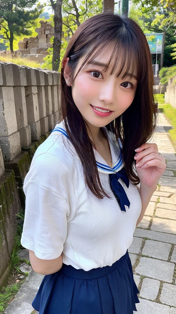 (best quality, 8k, 32k, masterpiece, UHD:1.2), (RAW photo), (realistic), (photorealistic:1.2), (high resolution), huge filesize, ultra-detailed, extremely beautiful face & eyes, 1girl, japanese elementary school student,14yo, 13yo, 12yo, round small face, thin waist, large breasts, slim proportions, thin thighs, (darkblue pleated mini skirt, japanese sailor, sailor fuku, serafuku, japanese school sailor suit,bow), nice hands, perfect hands, accurate hand depiction, perfect thumb & fingers, sweaty, shy smile, pure white teeth, from below,(A big rainbow appears,walking on the Path to ancient ruins with rainbow,Uphill leading to the ancient ruins:1.45),(Droopy eyes, Natural Makeup、Ultra-high definition beauty face:1.25)、(Ultra high resolution perfect beautiful teeth, Mid-chest, Tight waist, smile:1.15)、Ultra HD Shining Eyes、Super high quaHigh resolution 16K human skin closeup。 The skin texture is natural、,Pores、It must be detailed enough to be easily identifiable.。 Skin should look healthy and have an even tone。 Use natural light and color,lity glossy lip、High resolution 16K human skin closeup。 The skin texture is natural、,Pores、It must be detailed enough to be easily identifiable.。 Skin should look healthy and have an even tone。 Use natural light and color,