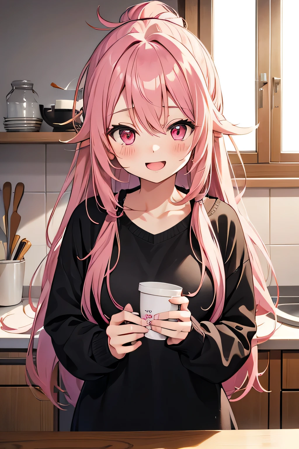 adult, cute anime girl, smiling, open mouth, pink hair, long hair, pink eyes, messy hair, wearing black sweater, hair tied in two, blushing, in kitchen