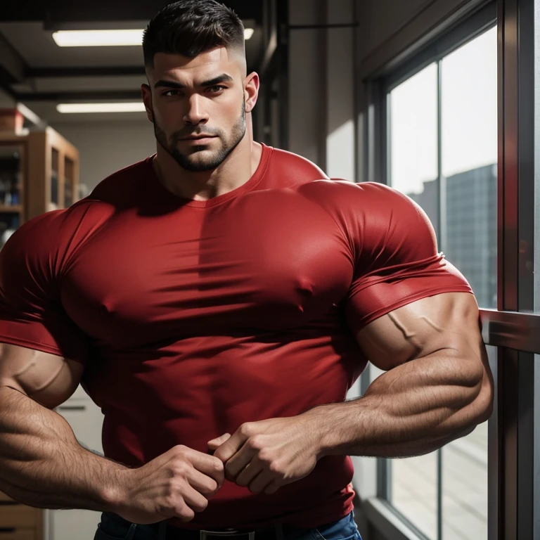 a handsome, robust man with a Mid fade haircut, wearing a red shirt, with massively large muscles, with a massively large, muscular and defined body, seen up close