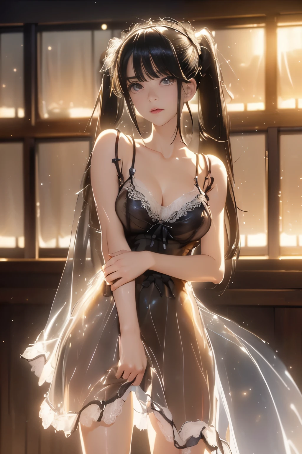 Optimal，masterpiece，High resolution，highest quality，(Cowboy Shot)、Cute Face，((Both arms behind the head))，Black Hair、Long Hair、Twin tails、Long eyelashes，Drooping eye corners，Are standing、Thin legs、White skin，((Shoot from the front:1.5)), ((See-through camisole:1.5)). ((Beautiful nipples))、((Big Breasts:1.3)), 