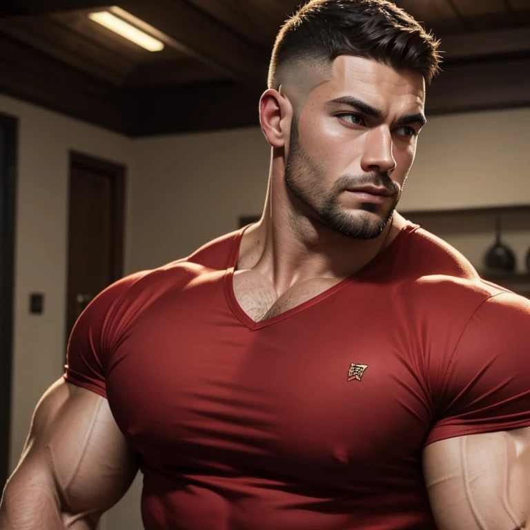 a handsome, robust man with a Mid fade haircut, wearing a red shirt, with massively large muscles, with a massively large, muscular and defined body, seen up close