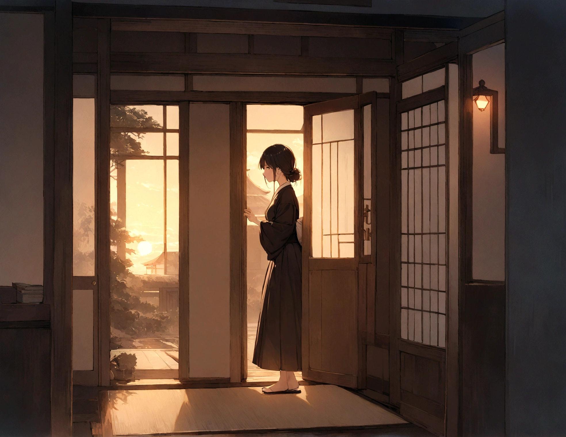 highest quality、Masterpiece、Japanese-style house、entrance、The door opens to the side、the door is open、evening、dark